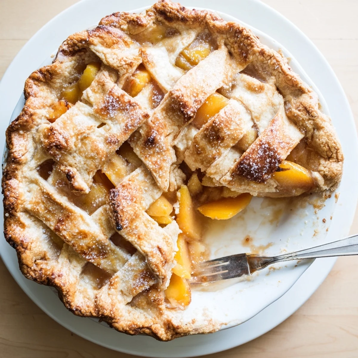 Golden Southern peach pie with bubbling fruit filling and flaky buttery lattice crust