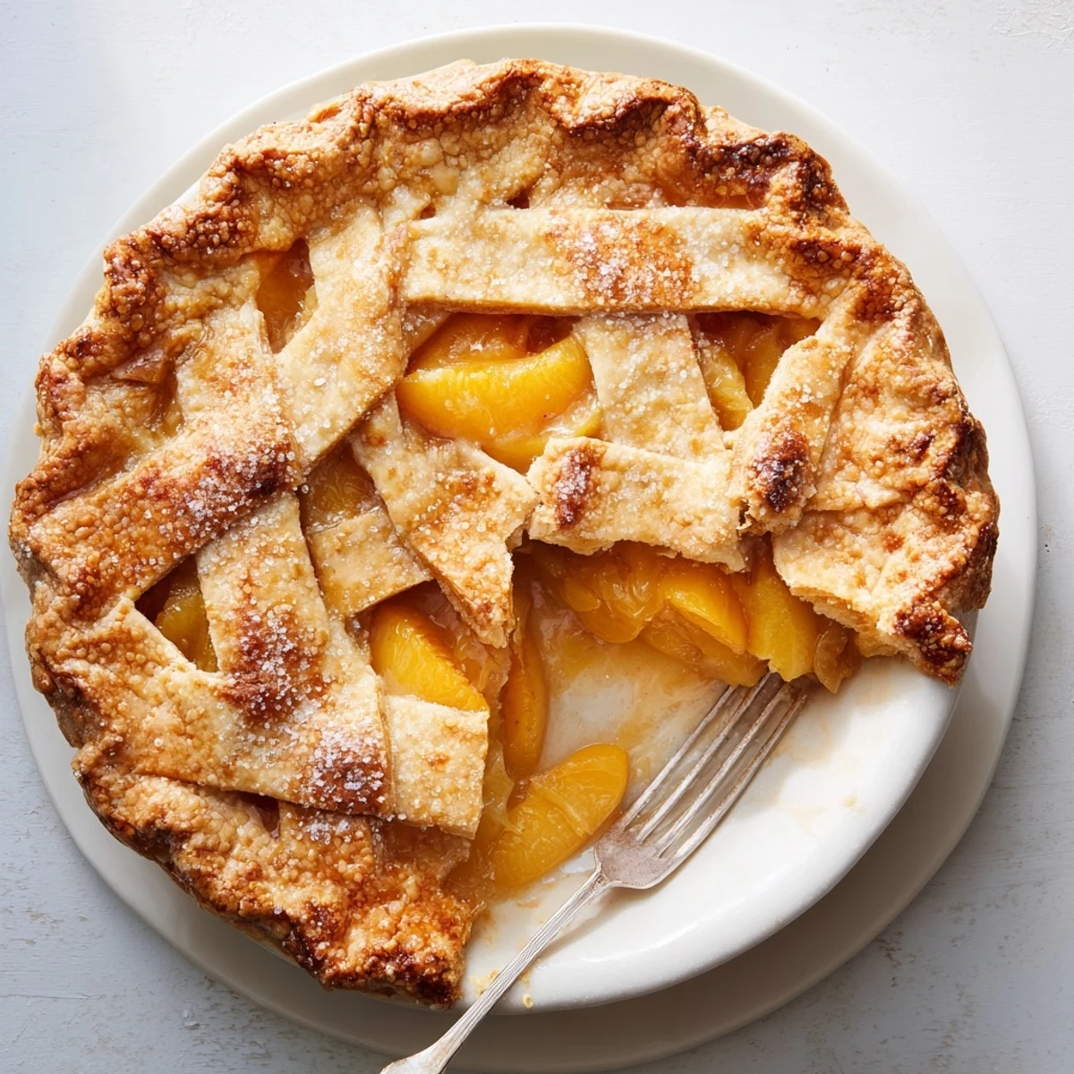 Slice of classic Southern peach pie featuring sweet spiced peaches in a golden pastry