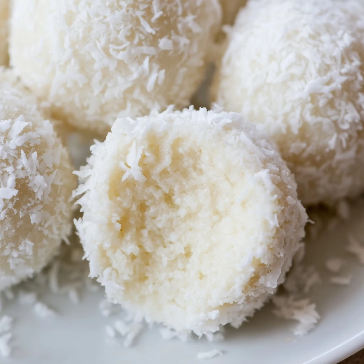 Soft white coconut bunny tails arranged on festive Easter plate pastel colored background