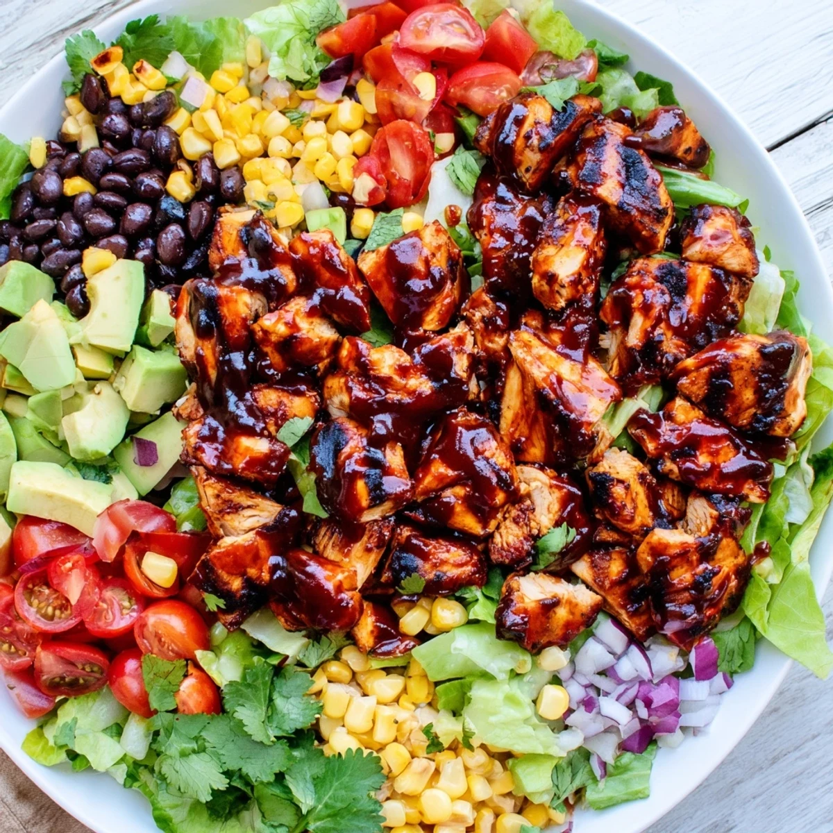 Fresh healthy BBQ chicken chopped salad bowl with grilled chicken, colorful vegetables, and creamy drizzle