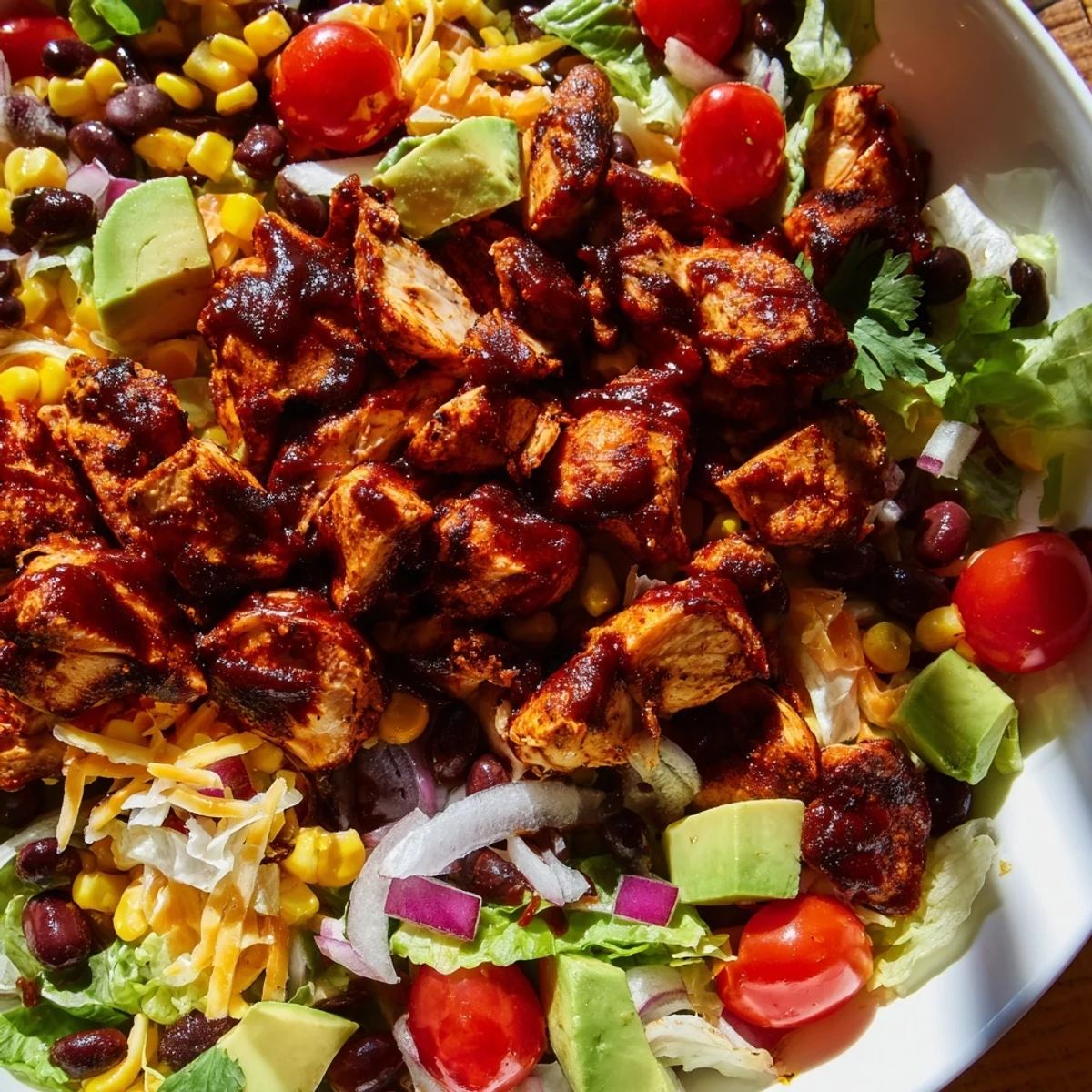 Vibrant chopped salad featuring BBQ glazed chicken breast over crisp lettuce, corn, beans, and avocado