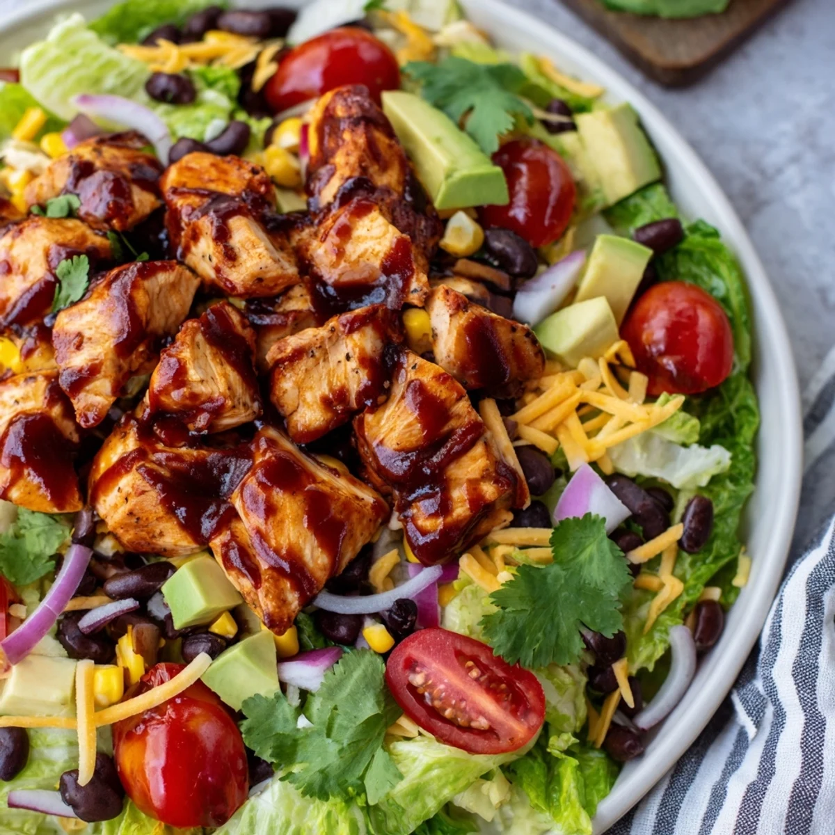 Protein-packed healthy BBQ chicken chopped salad tossed with tangy dressing and fresh garden vegetables