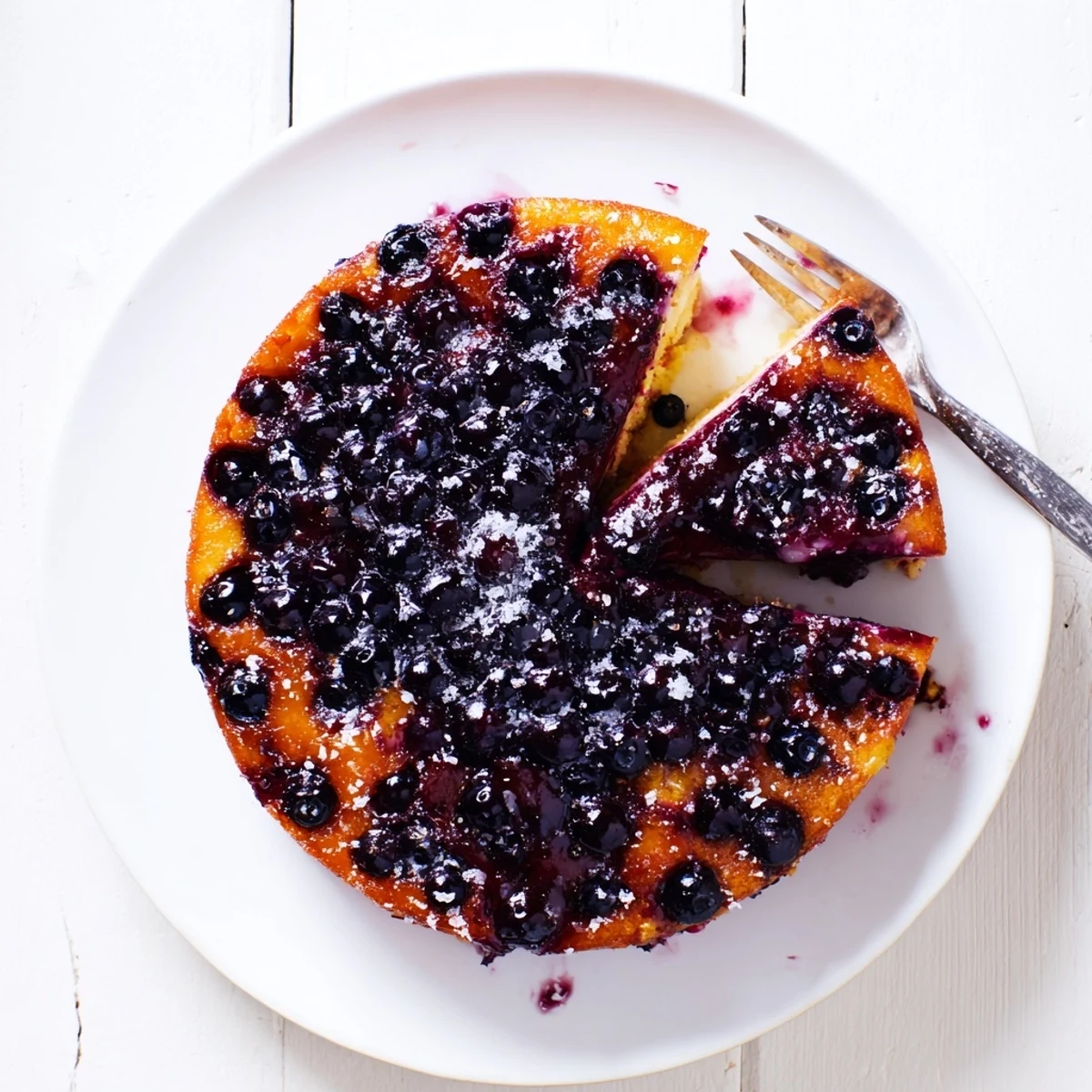 Golden blueberry upside down cake topped with caramelized fresh blueberries on a white serving plate