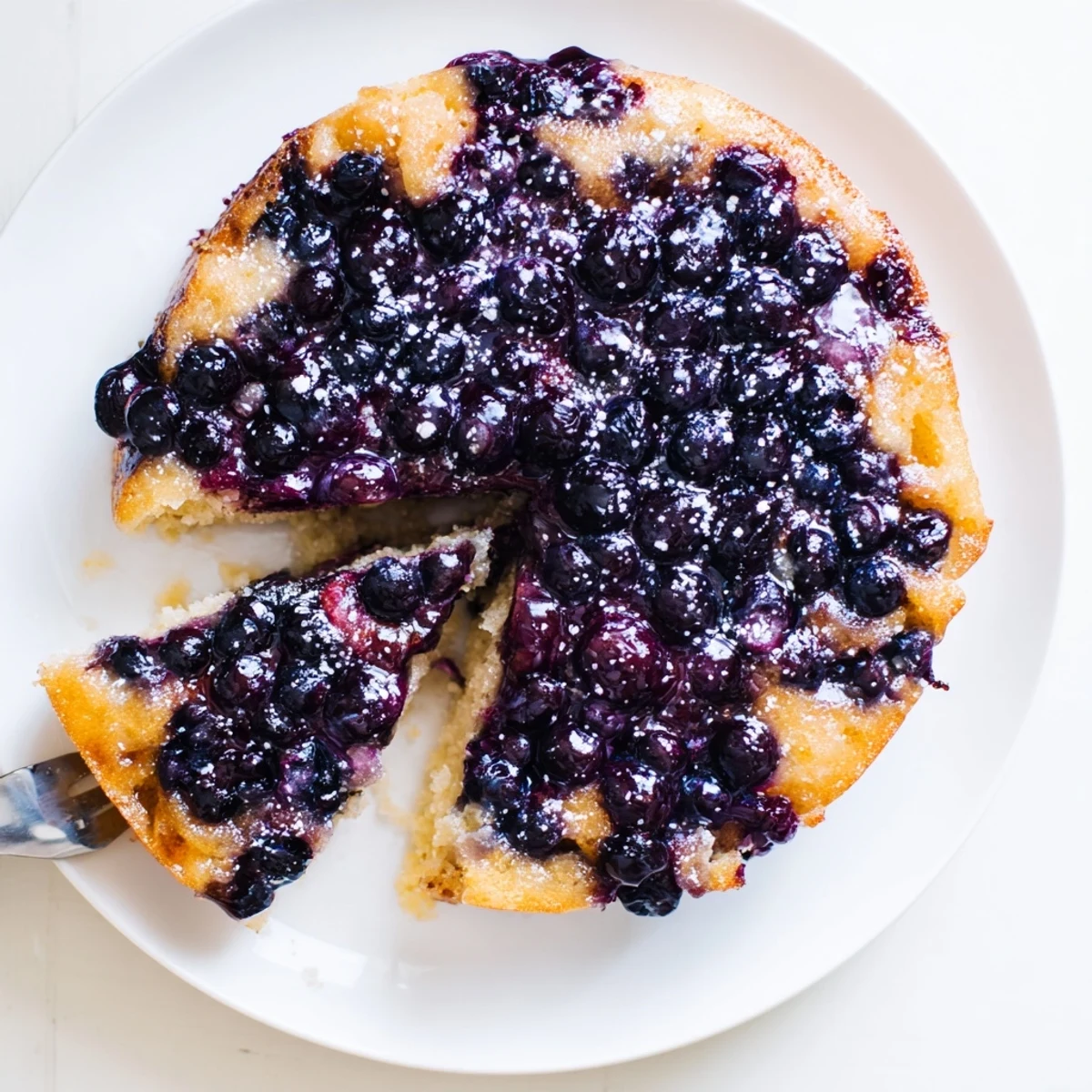 Moist buttery blueberry upside down cake inverted to reveal glistening fruit topping