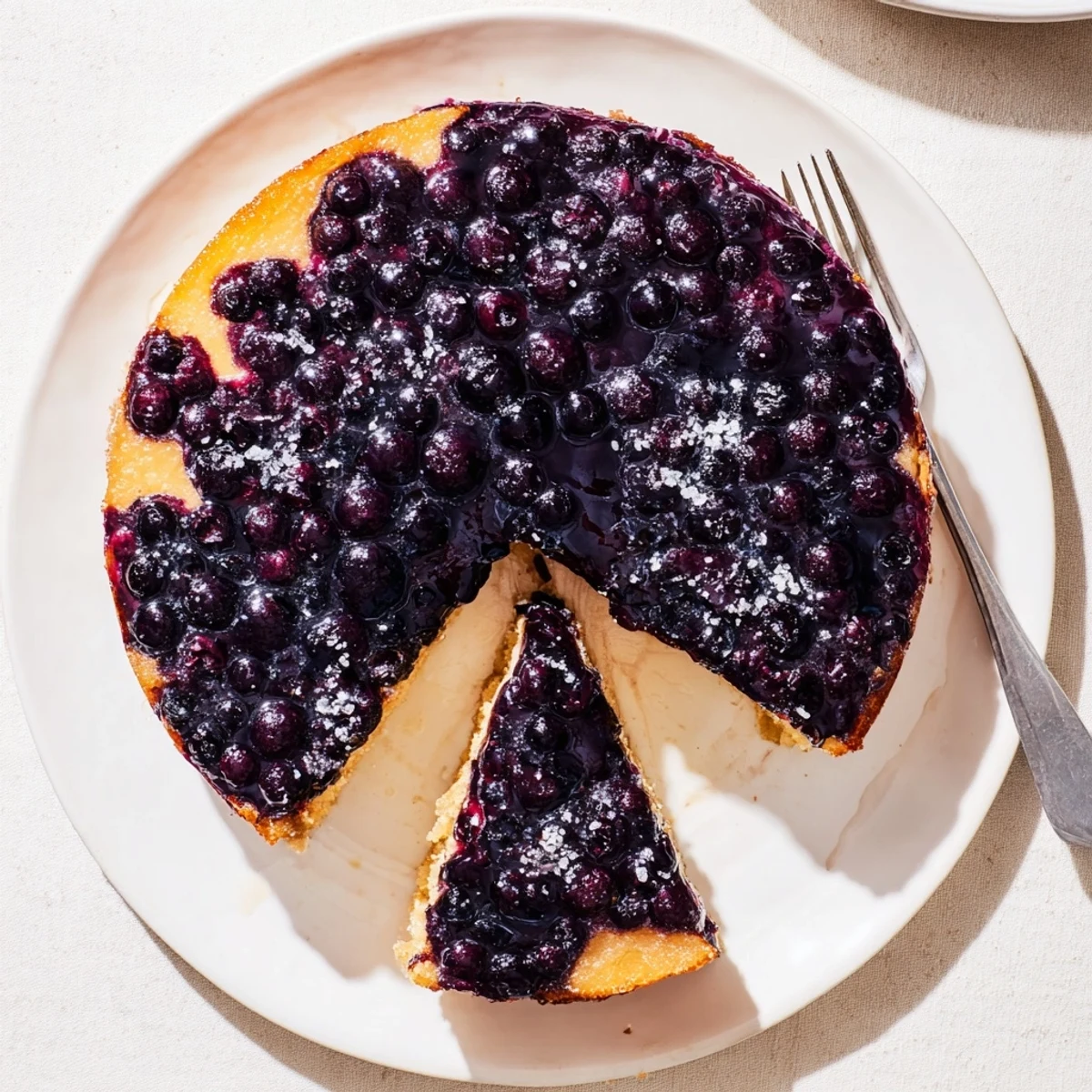 Sliced homemade blueberry upside down cake showcasing tender crumb and sweet berry layer