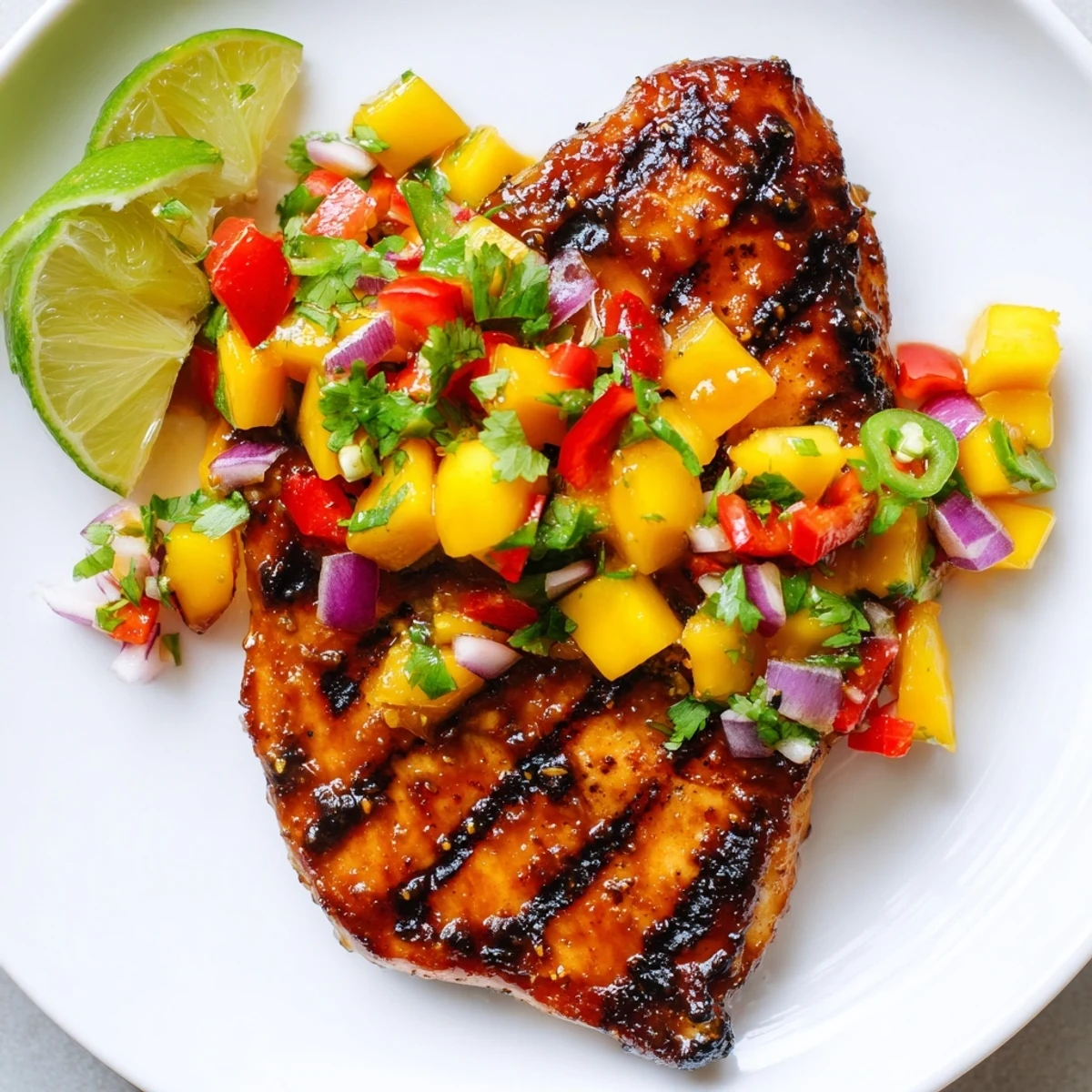 Golden grilled honey lime chicken breast topped with colorful fresh mango salsa and cilantro