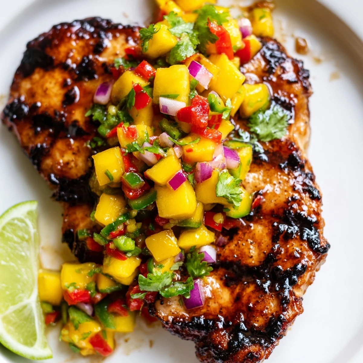 Juicy chicken marinated in sweet honey lime sauce served with vibrant tropical mango salsa