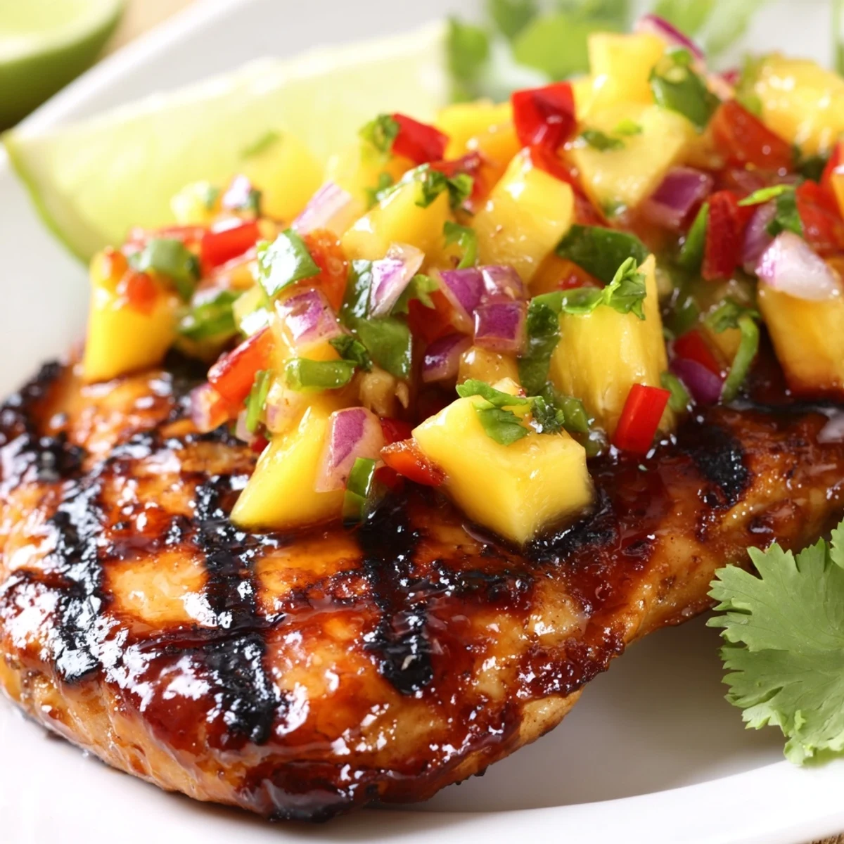 Grilled chicken glazed with honey and lime garnished with zesty mango salsa and lime wedges