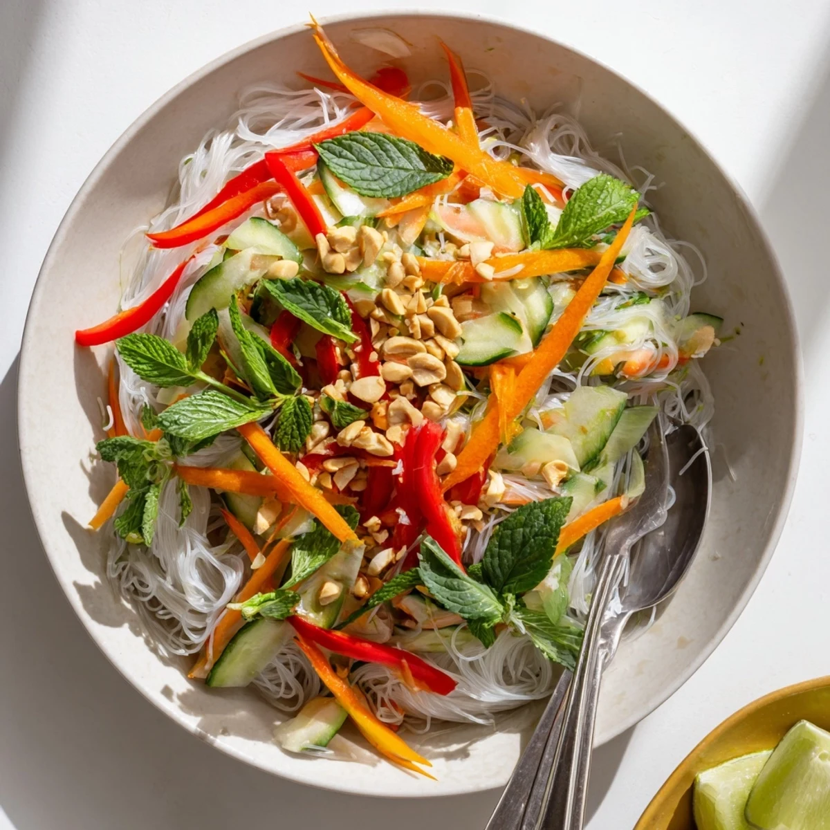 Colorful Vietnamese noodle salad with crisp vegetables, fresh herbs, and tangy lime dressing drizzled over rice vermicelli.