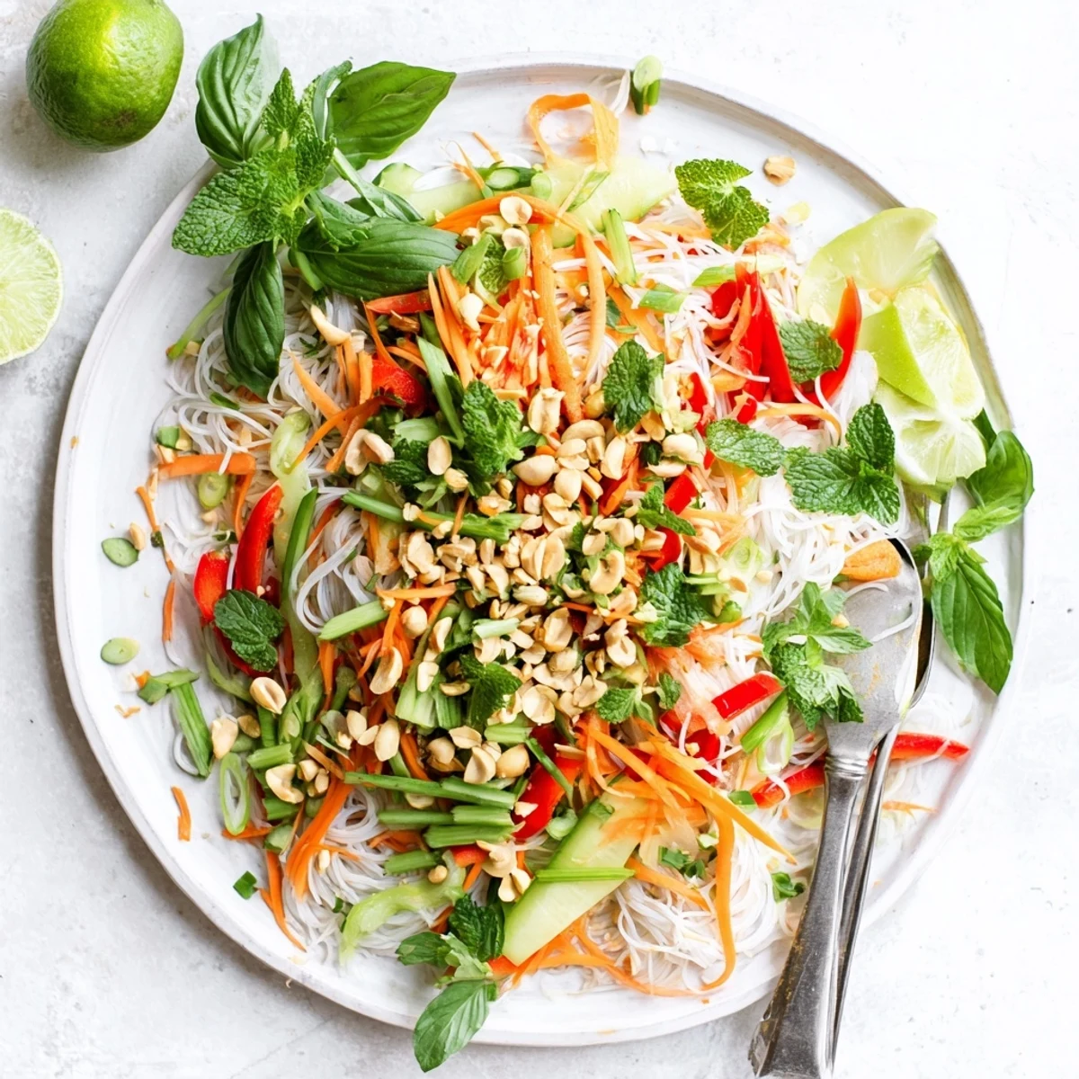 Light Vietnamese noodle salad featuring julienne carrots, cucumber slices, and mint topped with crushed roasted peanuts.