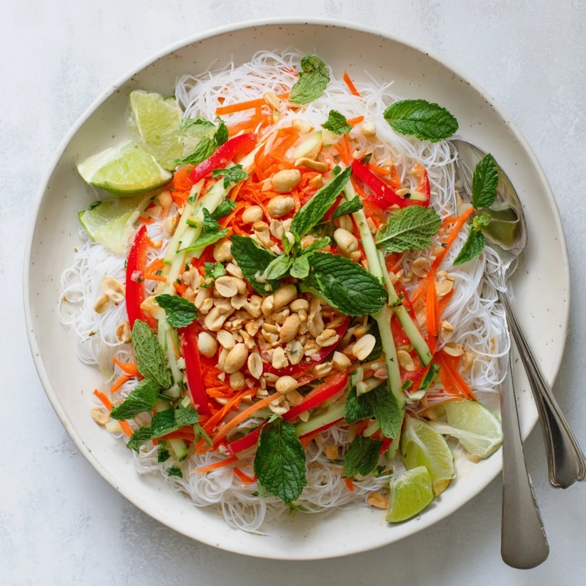Refreshing Vietnamese noodle salad bowl loaded with bean sprouts, bell peppers, and zesty homemade dressing.