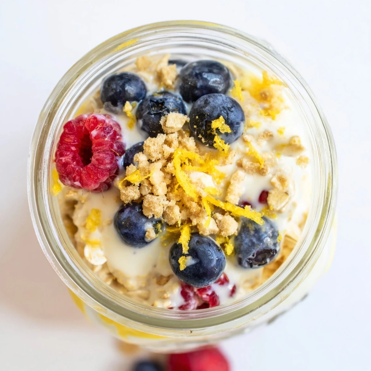Glass jar layered with zesty lemon cheesecake overnight oats topped with fresh blueberries and graham cracker crumbs