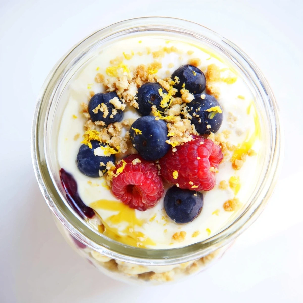 Creamy overnight oats in a clear mason jar with lemon cheesecake flavor, raspberries, and lemon zest garnish