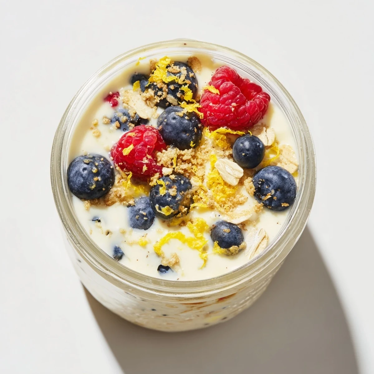 Spoonful of tangy lemon cheesecake overnight oats with fresh strawberries, crunchy cracker topping, and bright lemon zest