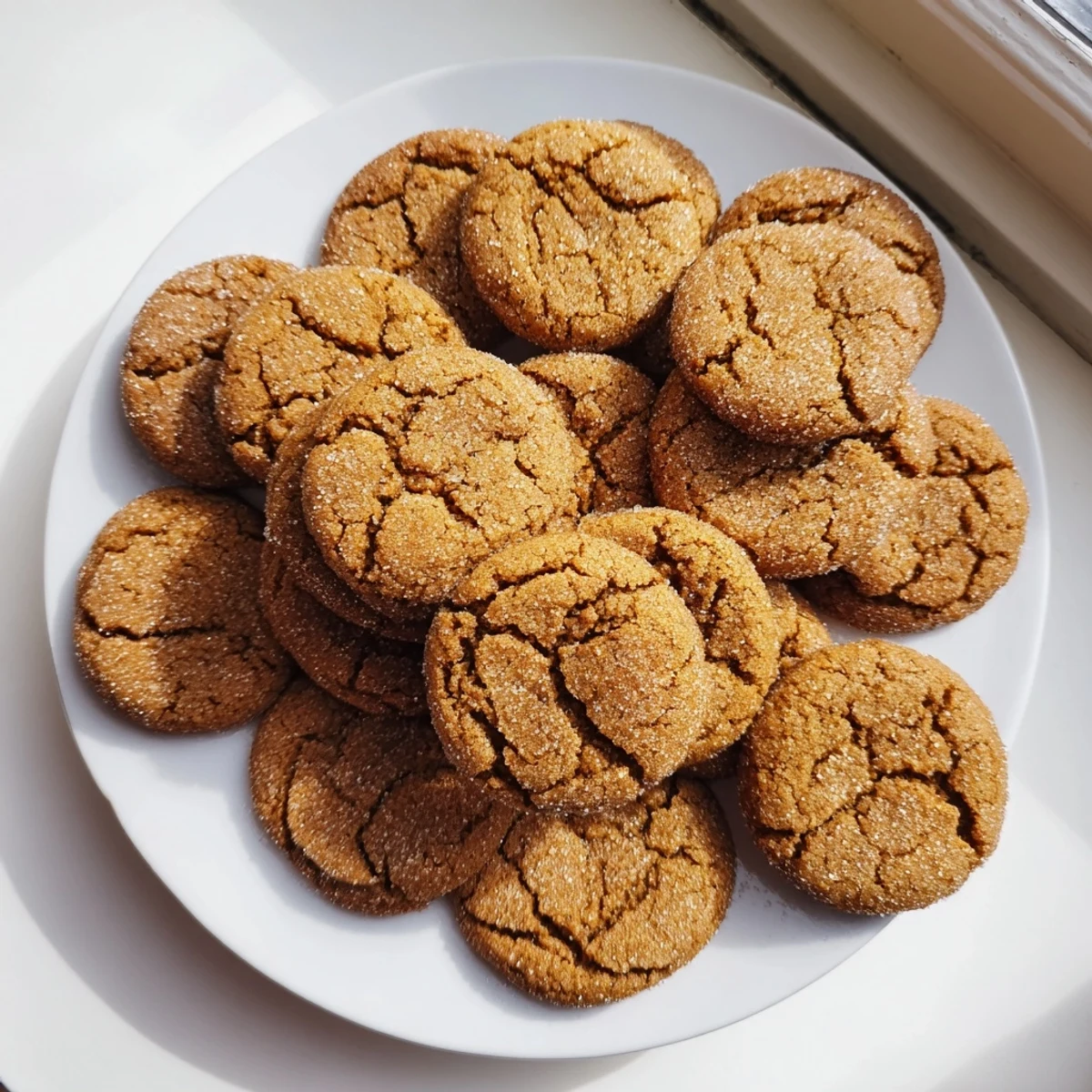 Golden gingersnap cookies with crackled tops and sugar coating cooling on wire rack
