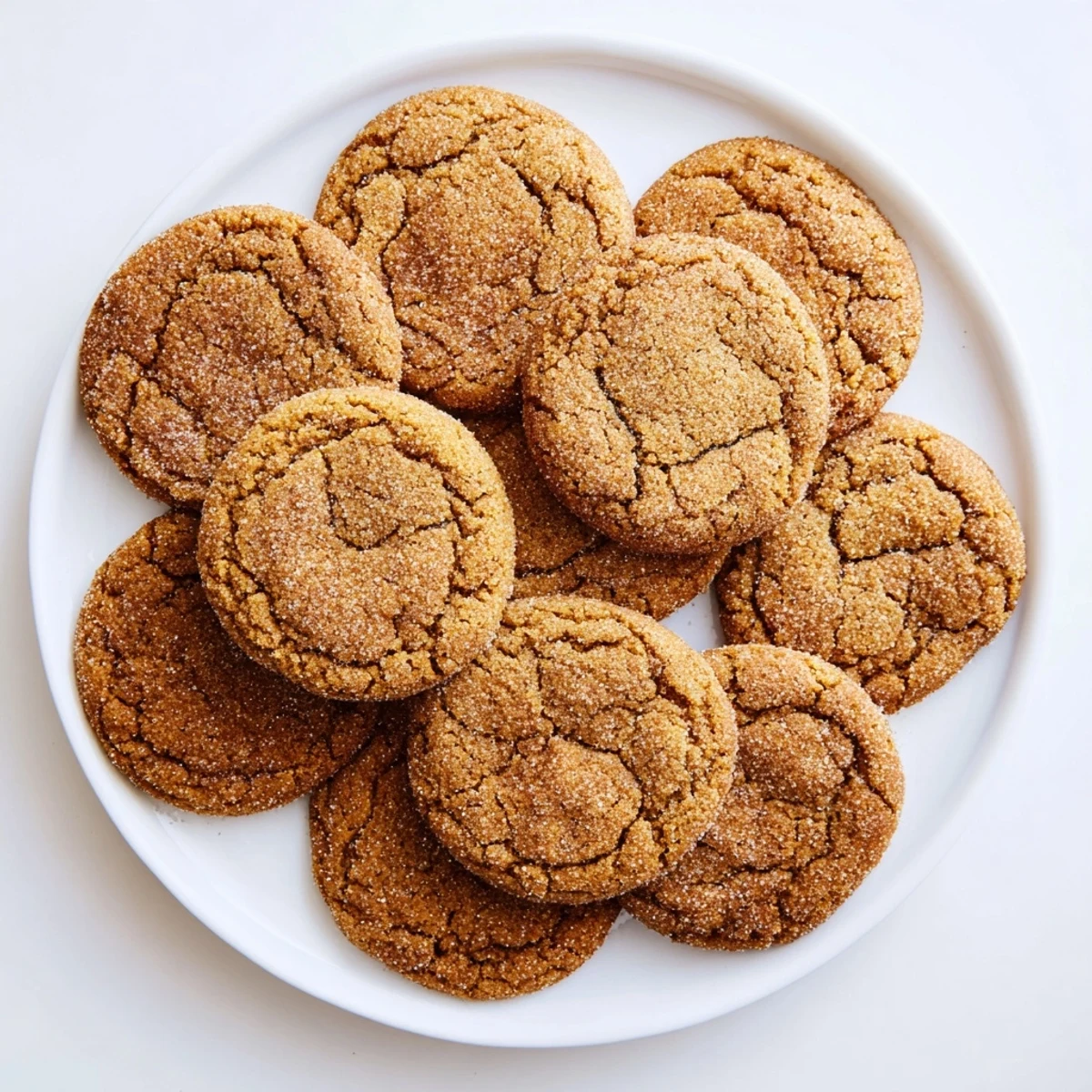 Spicy homemade gingersnap cookies stacked on white plate ready for holiday dessert serving