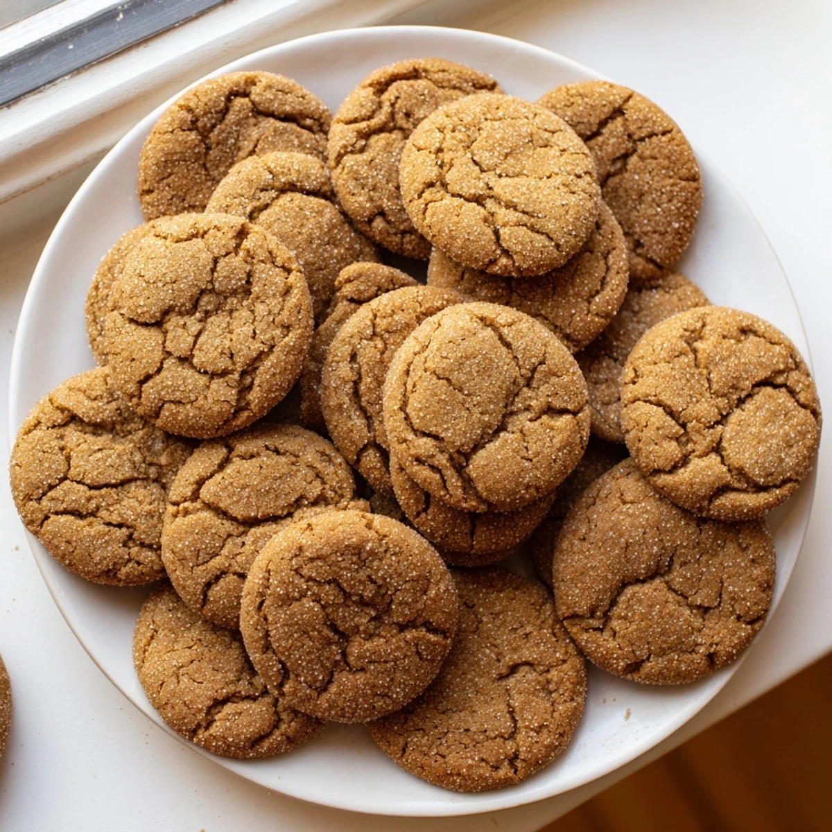 Freshly baked gingersnap cookies with crisp edges displayed on rustic wooden cutting board