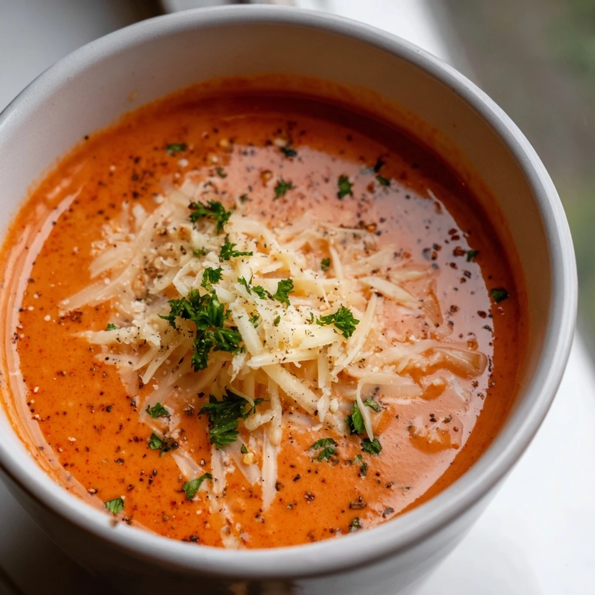 Creamy roasted red pepper Gouda soup garnished with fresh parsley and extra shredded cheese.