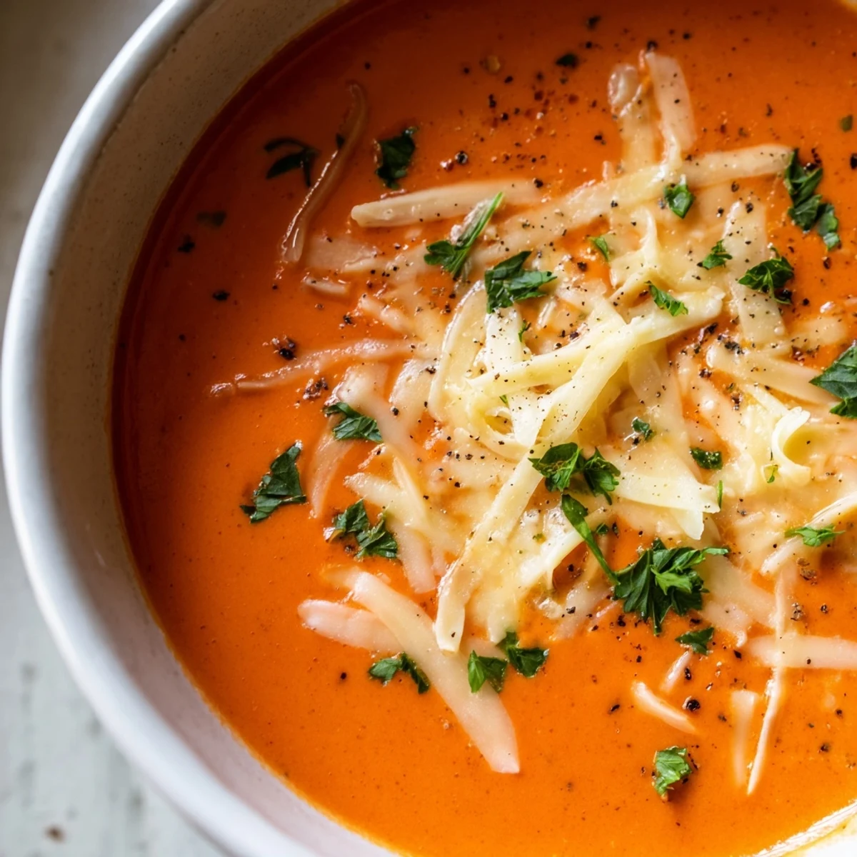 Velvety orange-red roasted red pepper Gouda soup served in white bowls with crusty bread.