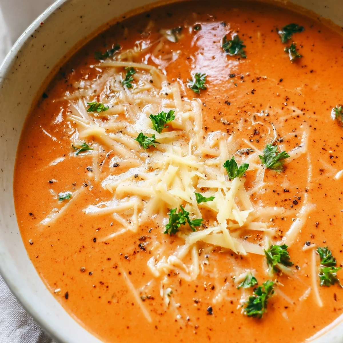 Steaming bowl of roasted red pepper Gouda soup topped with melted cheese and parsley.