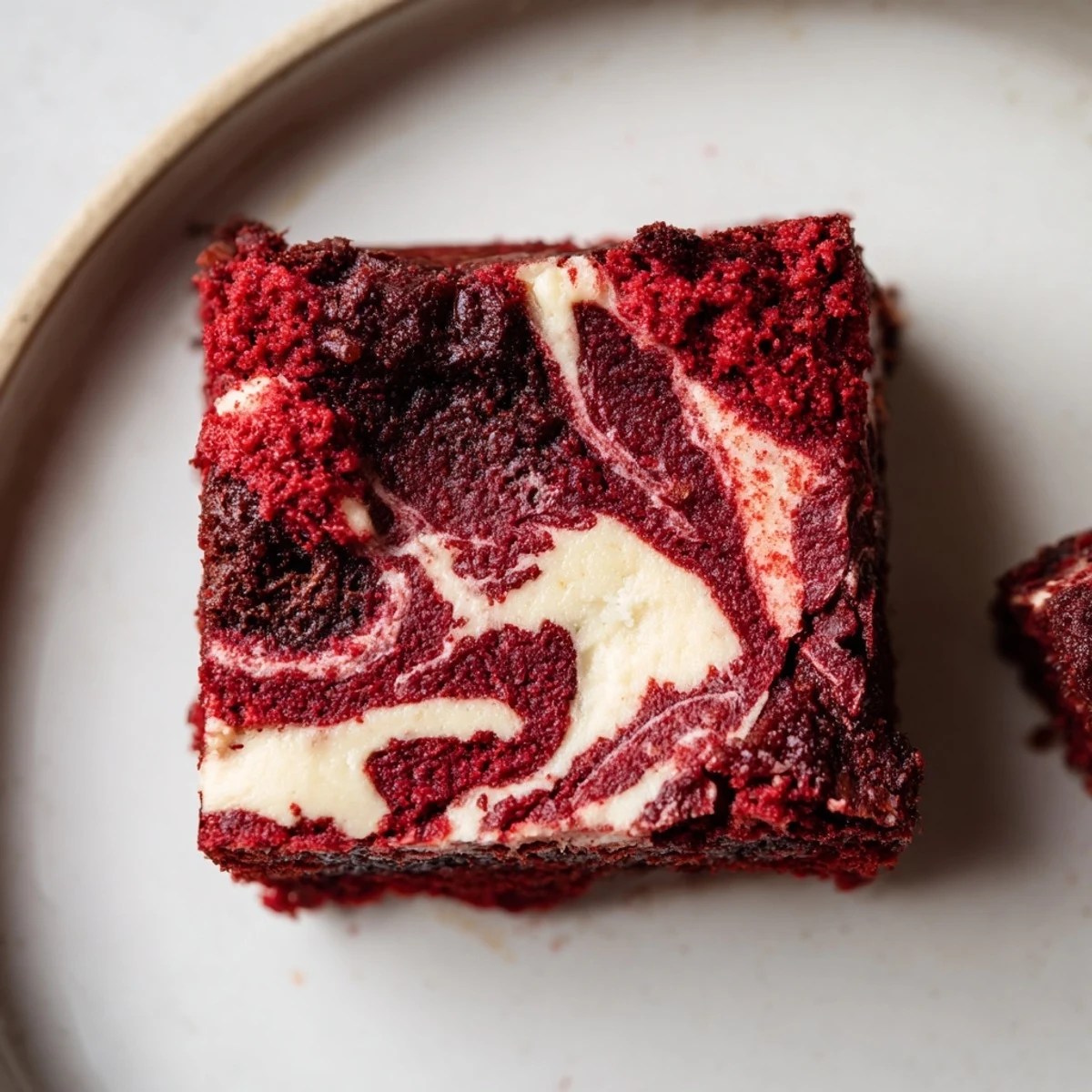 Fudgy red velvet brownie bites marbled with luscious cream cheese swirl on a white plate