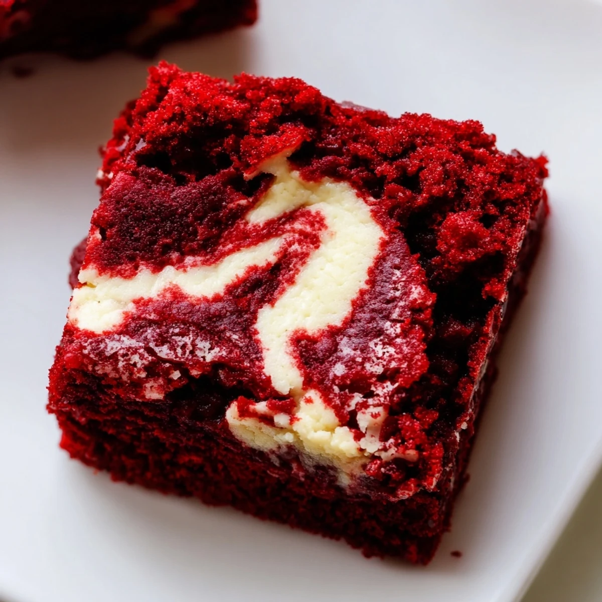 Bite-sized red velvet brownie treats with golden edges and vanilla cream cheese marble topping