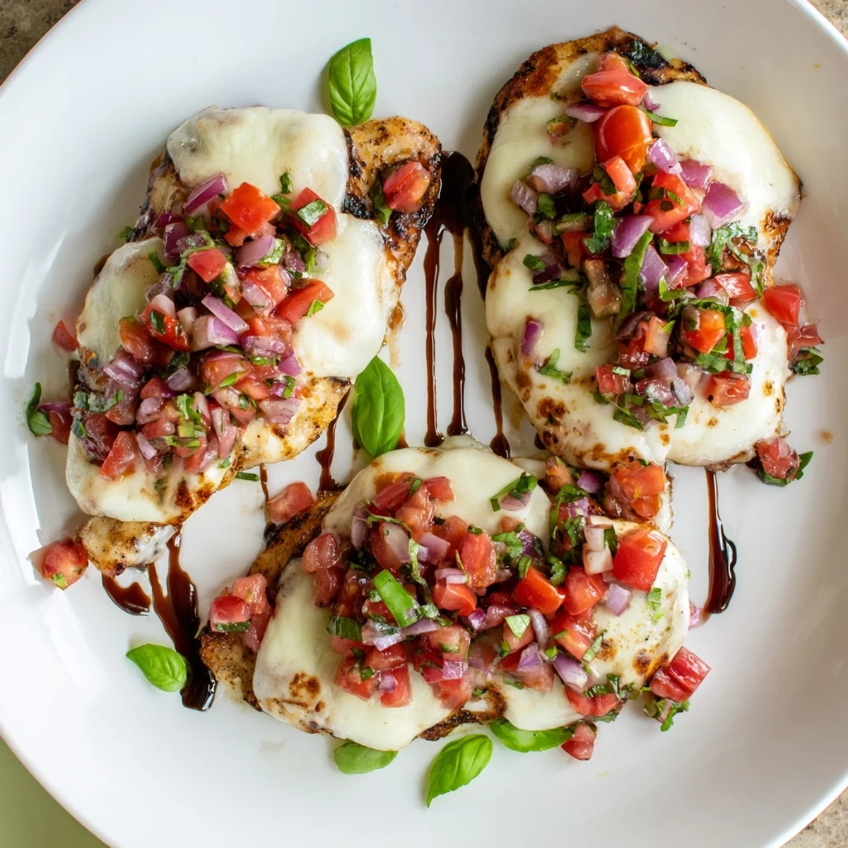 Golden baked chicken breast topped with fresh tomato bruschetta and melted mozzarella cheese