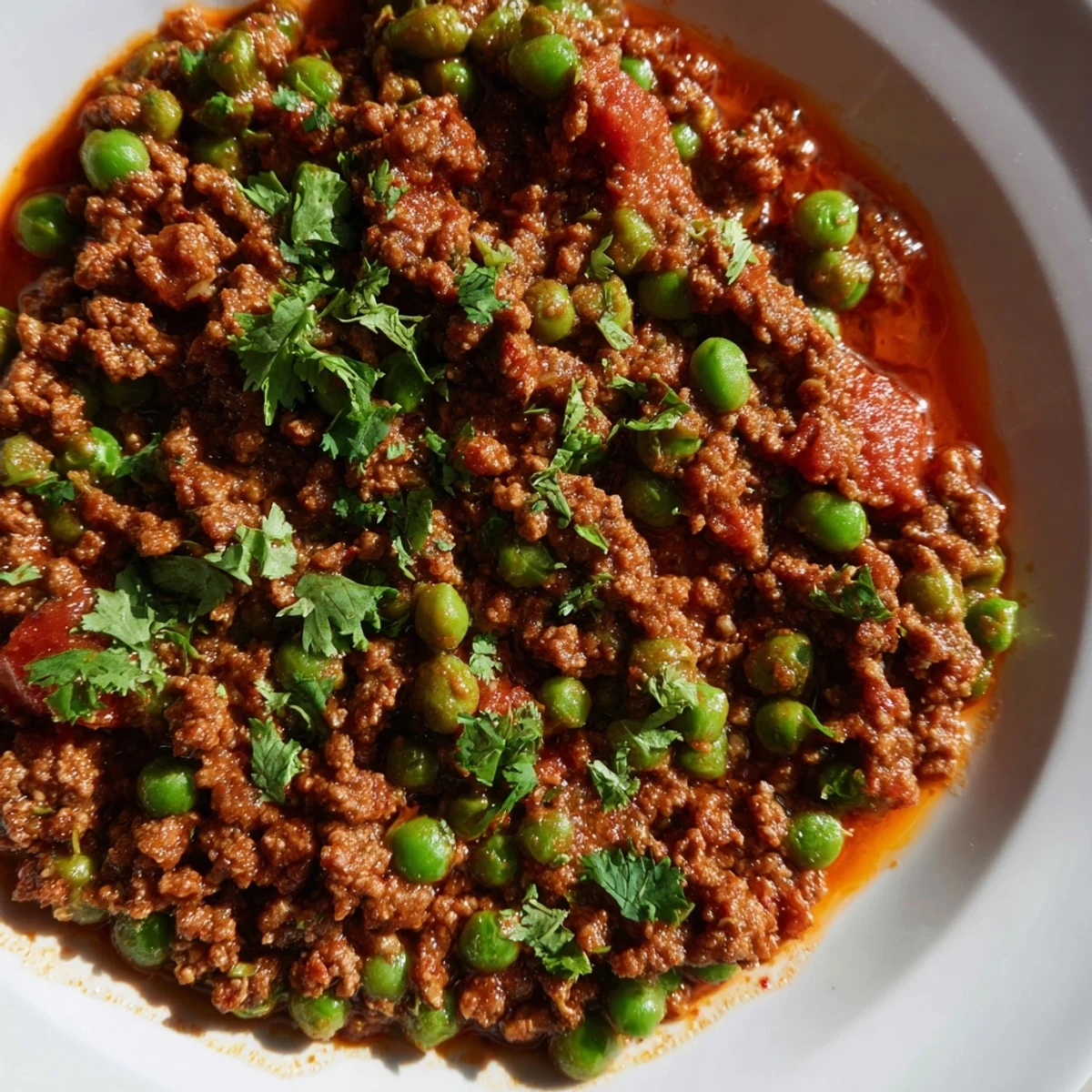 Savory Keema Curry with tender ground meat, aromatic spices, and green peas in a rich tomato-based sauce