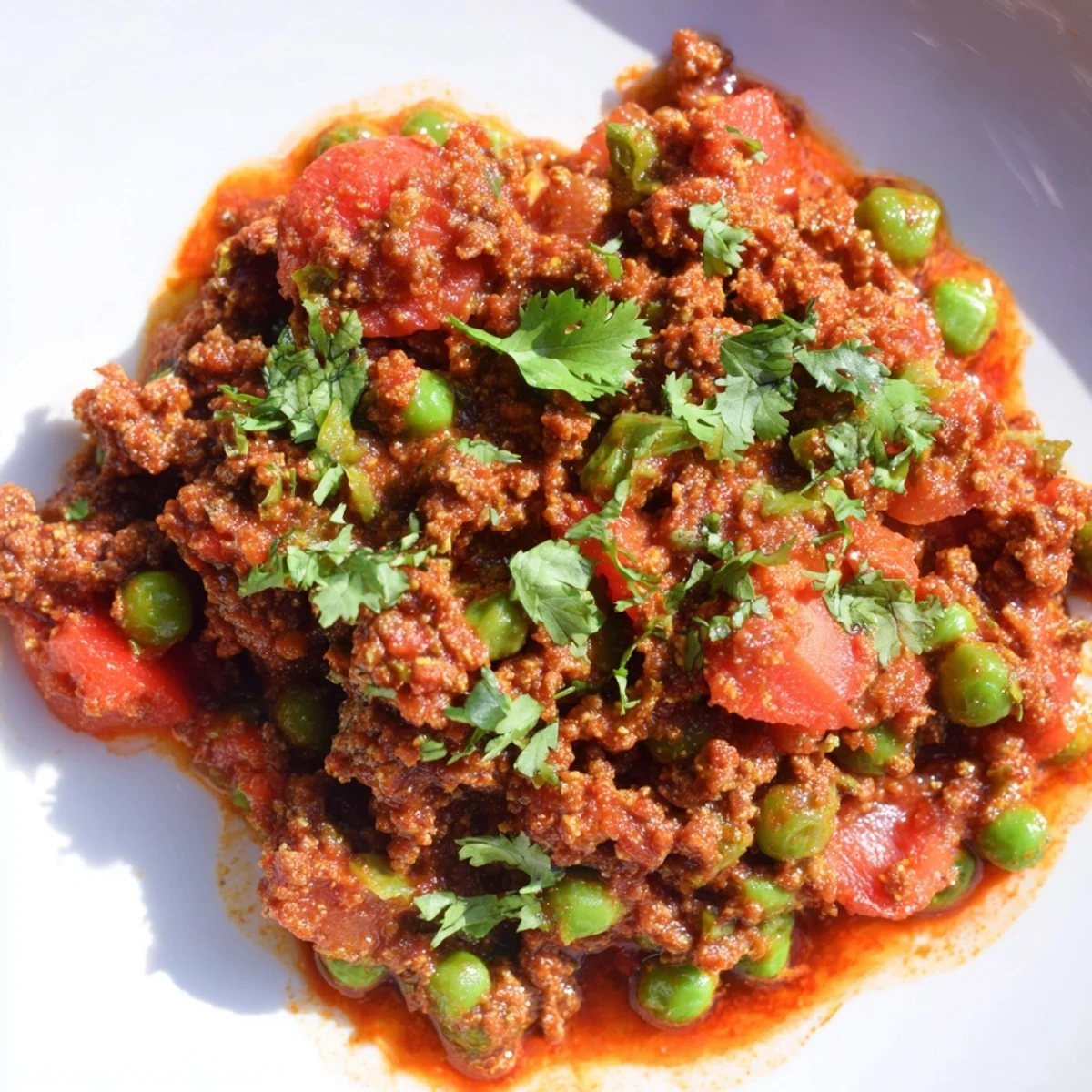 Golden Savory Keema Curry featuring browned meat and peas in spiced gravy, perfect with warm naan bread