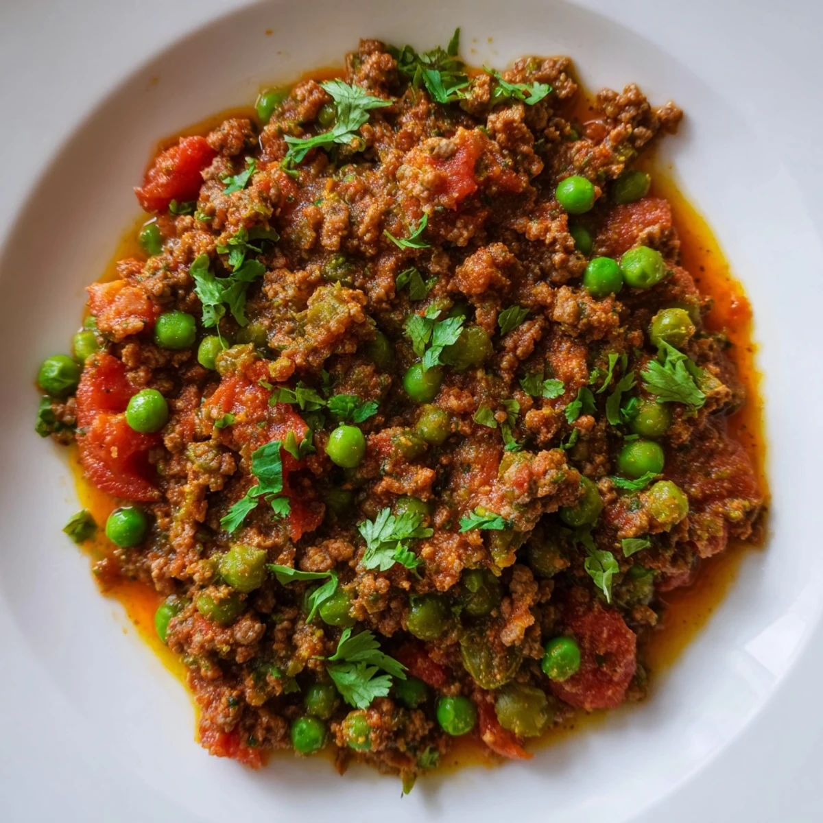 Steaming bowl of Savory Keema Curry garnished with fresh cilantro and served alongside fluffy basmati rice