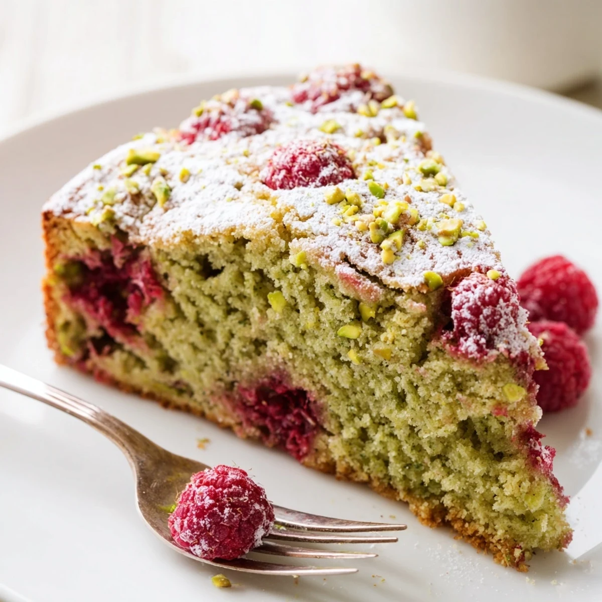 Moist pistachio raspberry cake slice topped with powdered sugar and fresh berries on a white plate