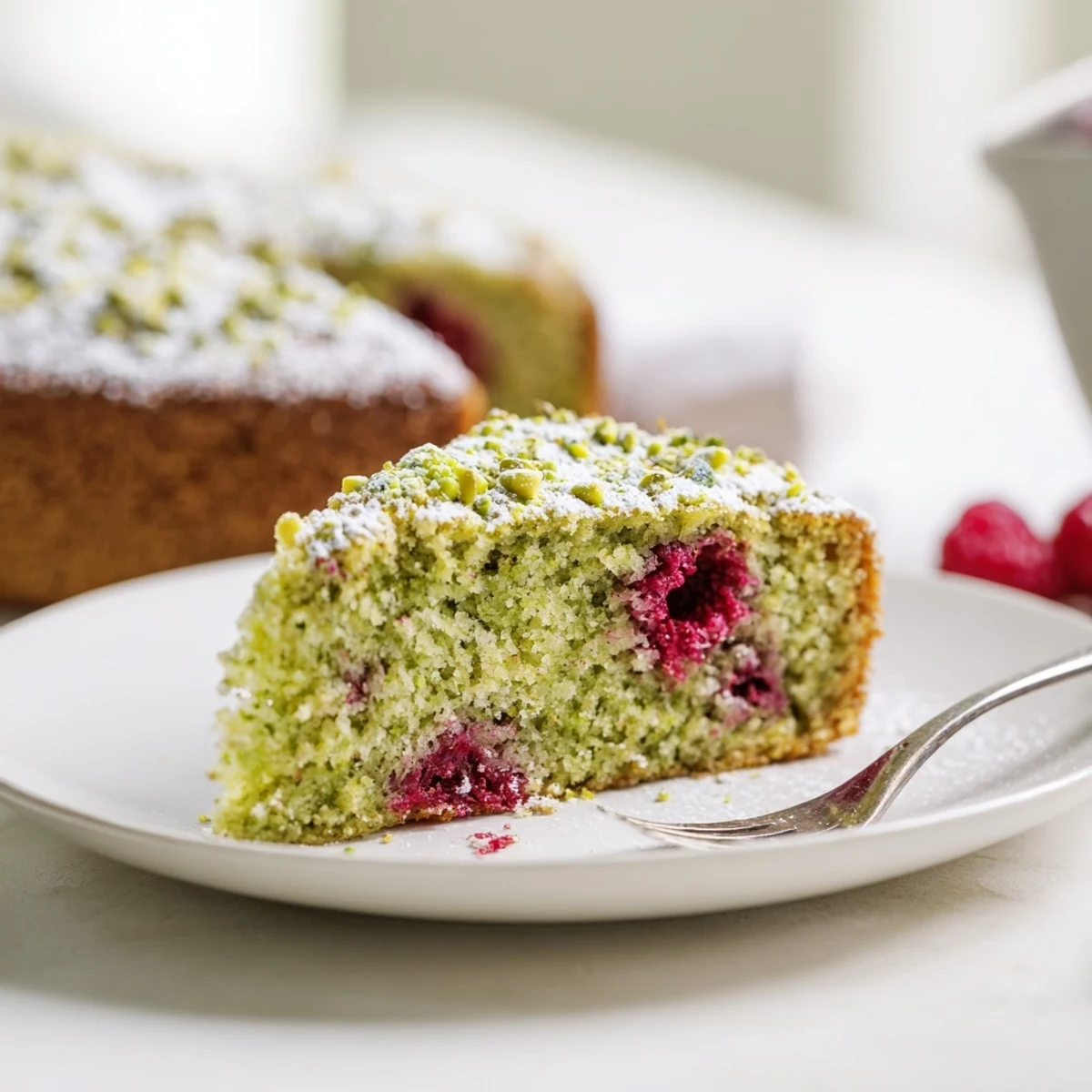 Two-layer pistachio raspberry cake showing vibrant red fruit inside tender green crumb with garnish