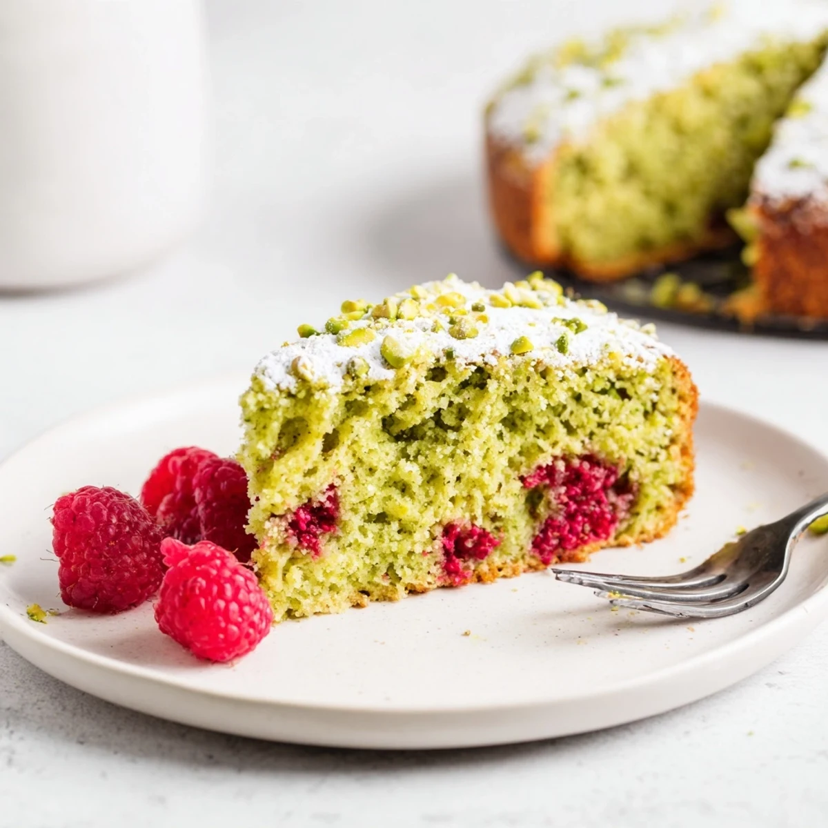 Golden pistachio raspberry cake dusted with chopped nuts and served with whipped cream for dessert