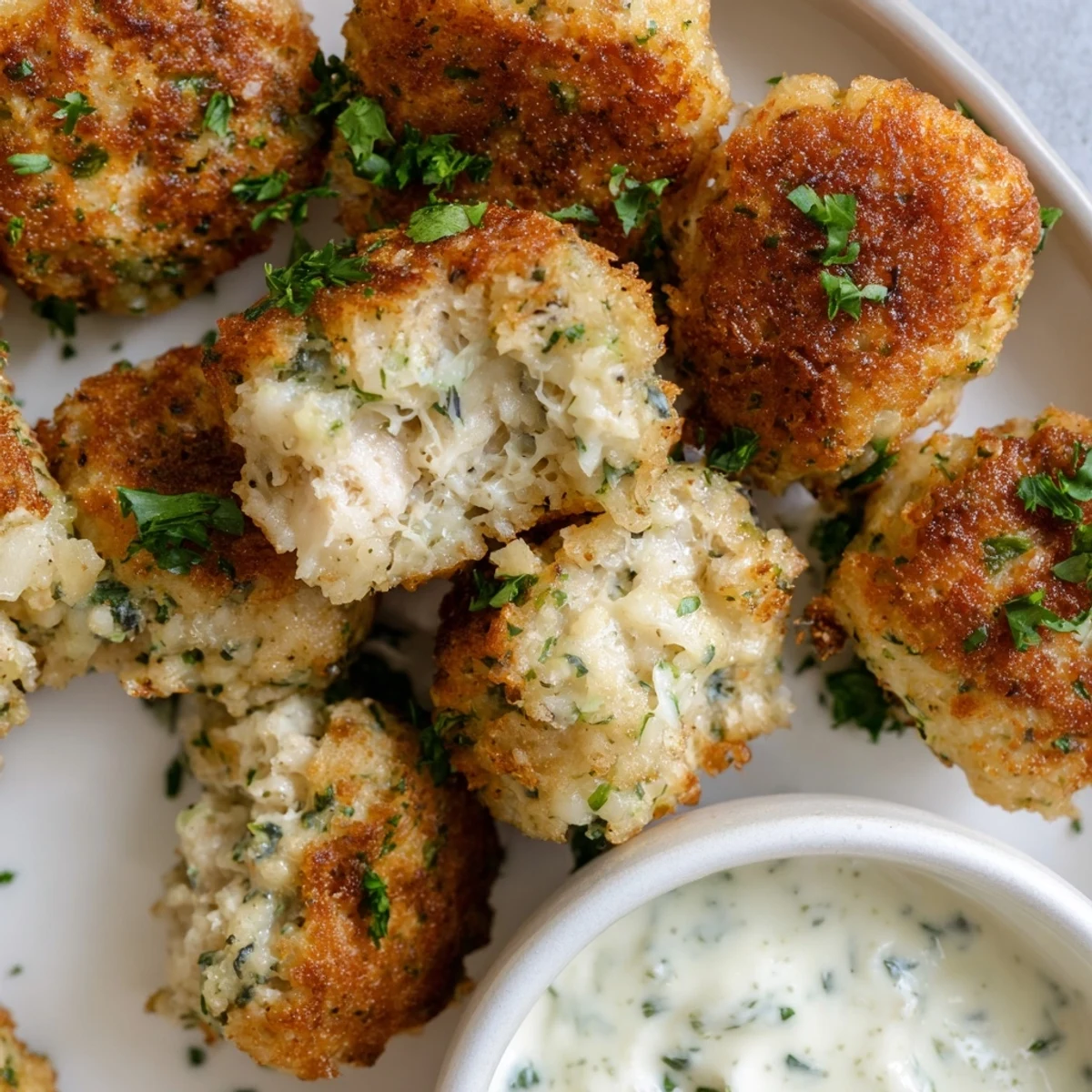 Golden brown cheesy chicken fritters arranged on a white plate with creamy garlic aioli dip