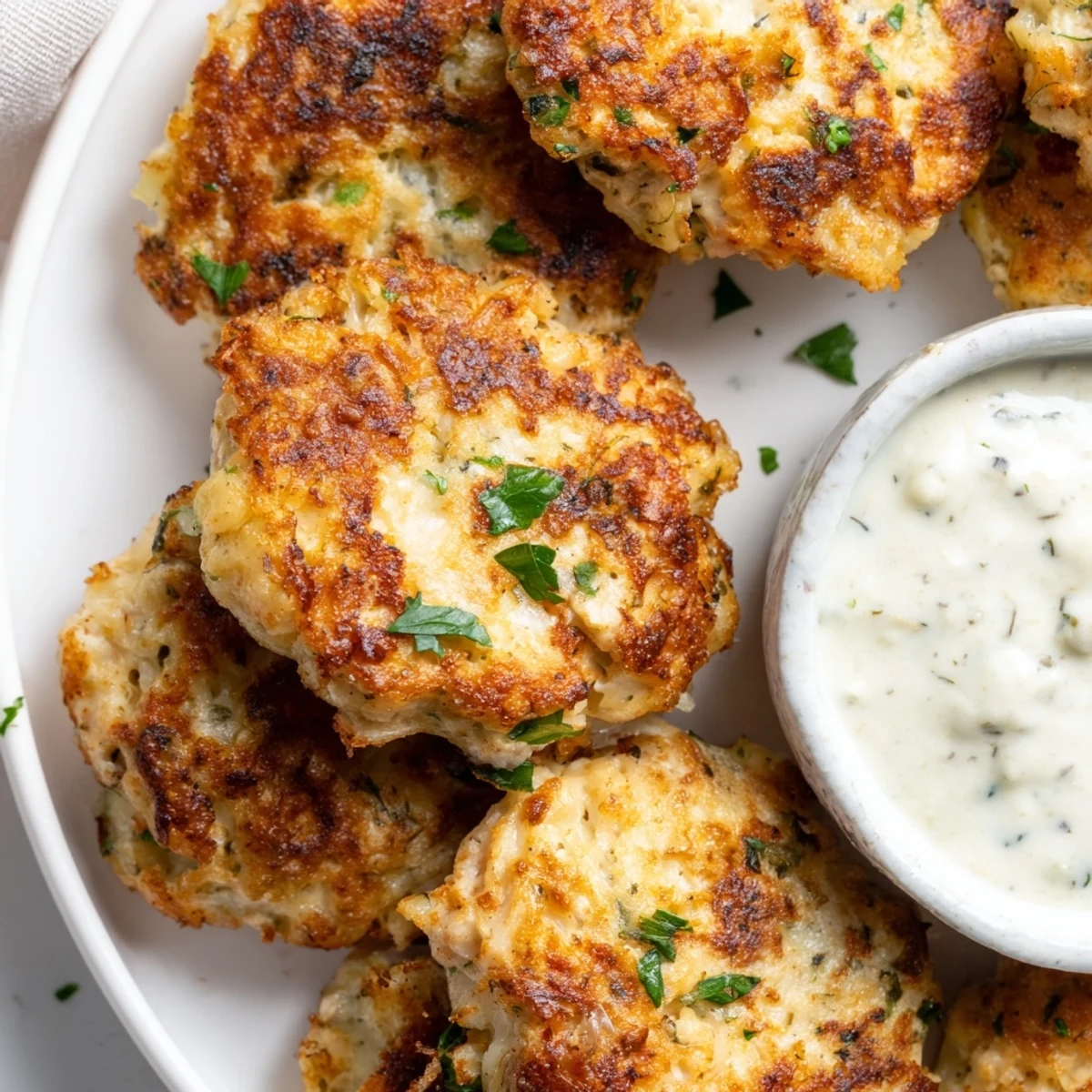 Crispy pan-fried chicken fritters with melted mozzarella served alongside homemade garlic aioli sauce