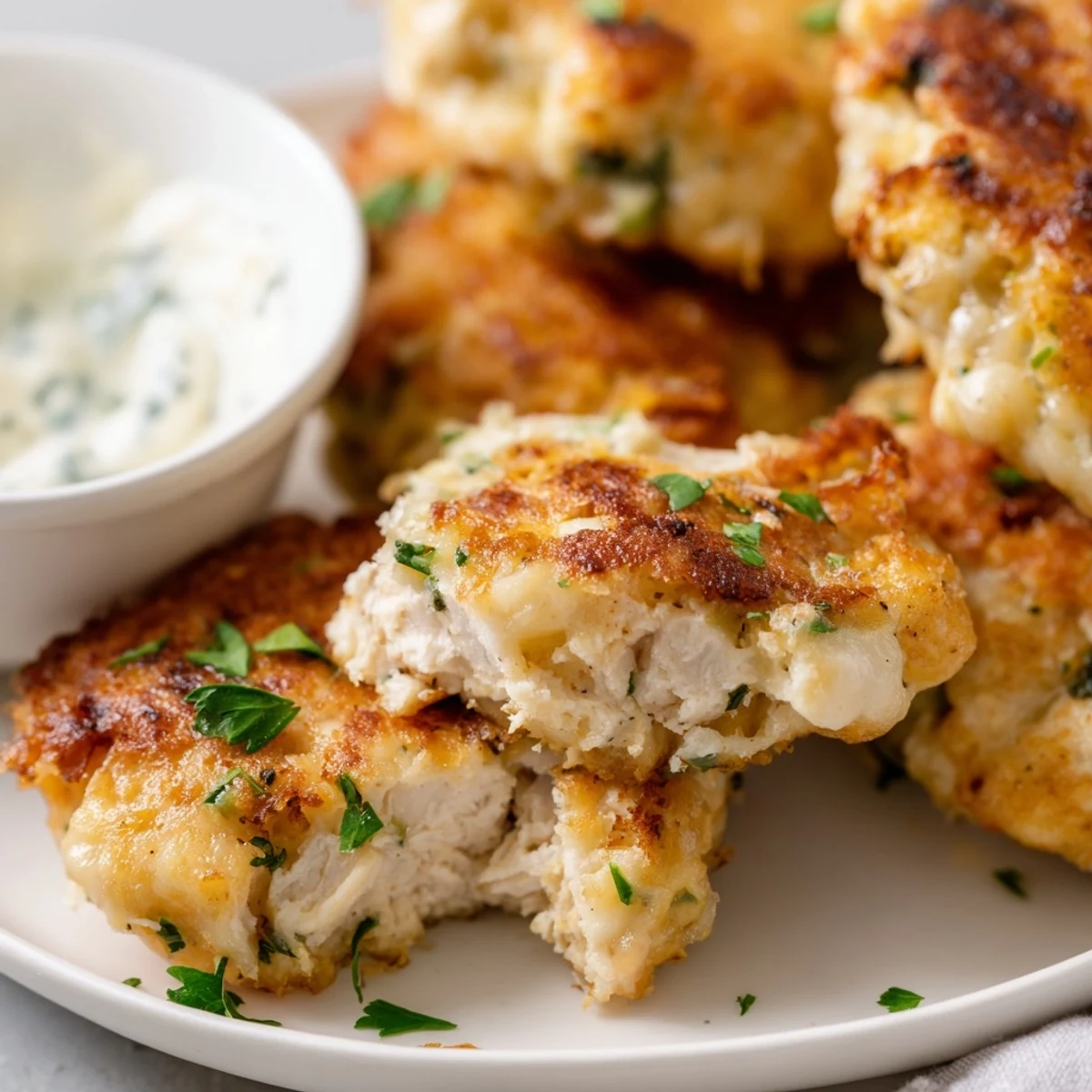 Tender cheesy chicken fritters garnished with fresh parsley beside a bowl of garlic aioli