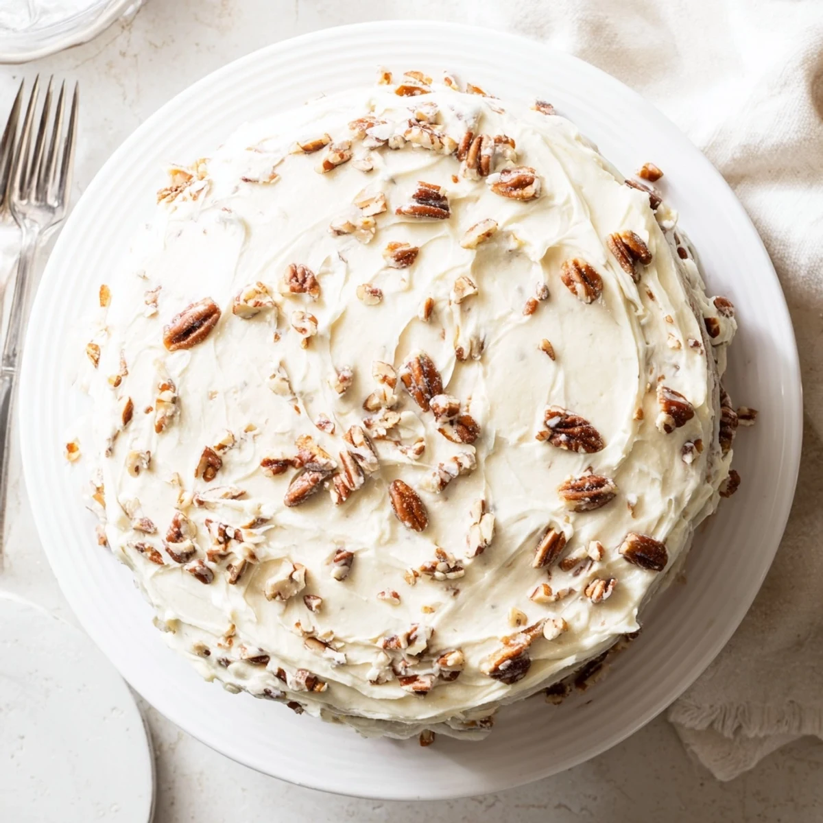 Three layer butter pecan cake with rich buttercream and scattered crunchy pecans