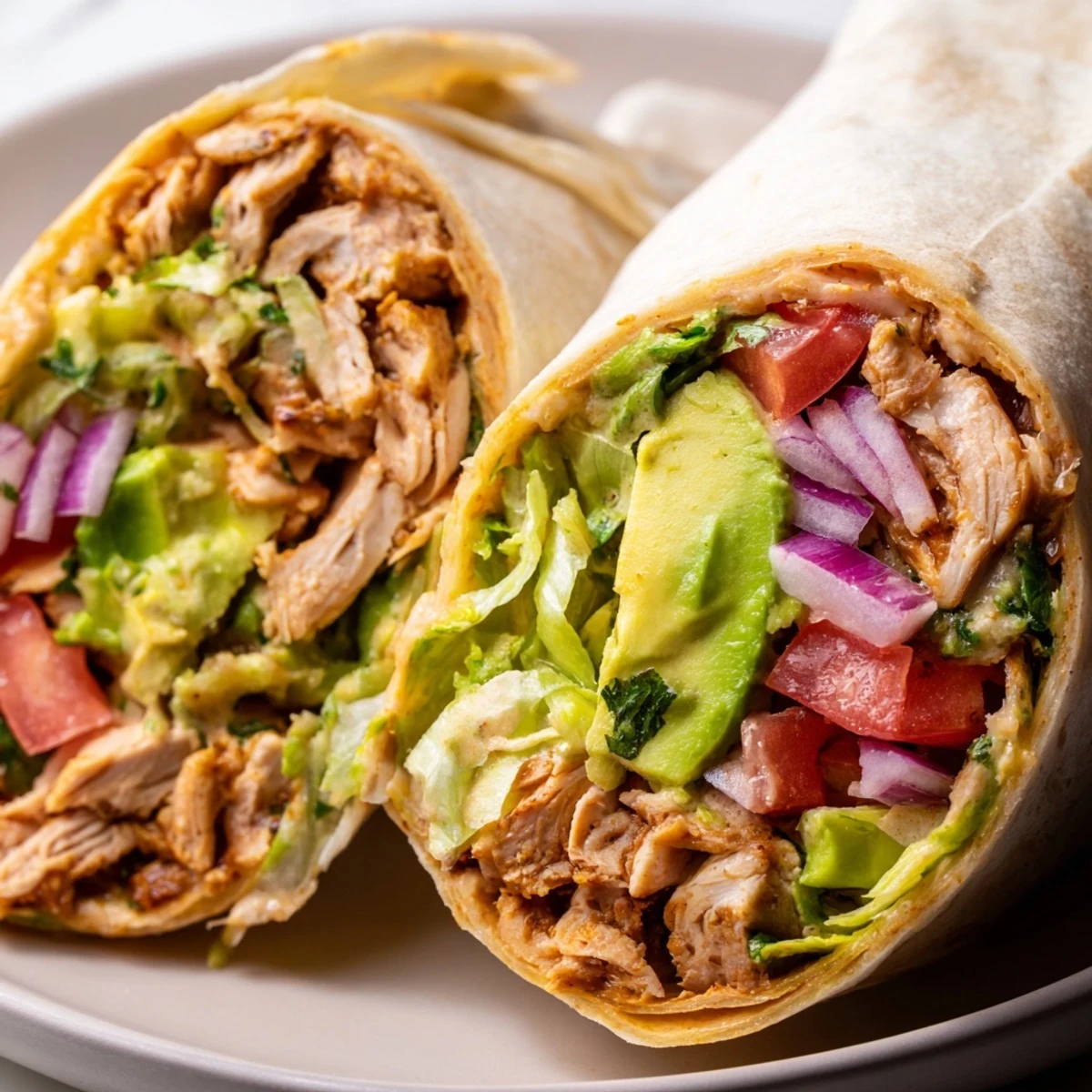 Golden brown sliced spicy chicken avocado wraps with fresh lettuce, tomato, and creamy drizzle