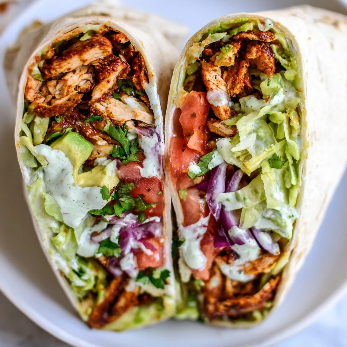 Rolled flour tortilla packed with seasoned chicken, ripe avocado slices, crisp vegetables, and spicy mayo sauce