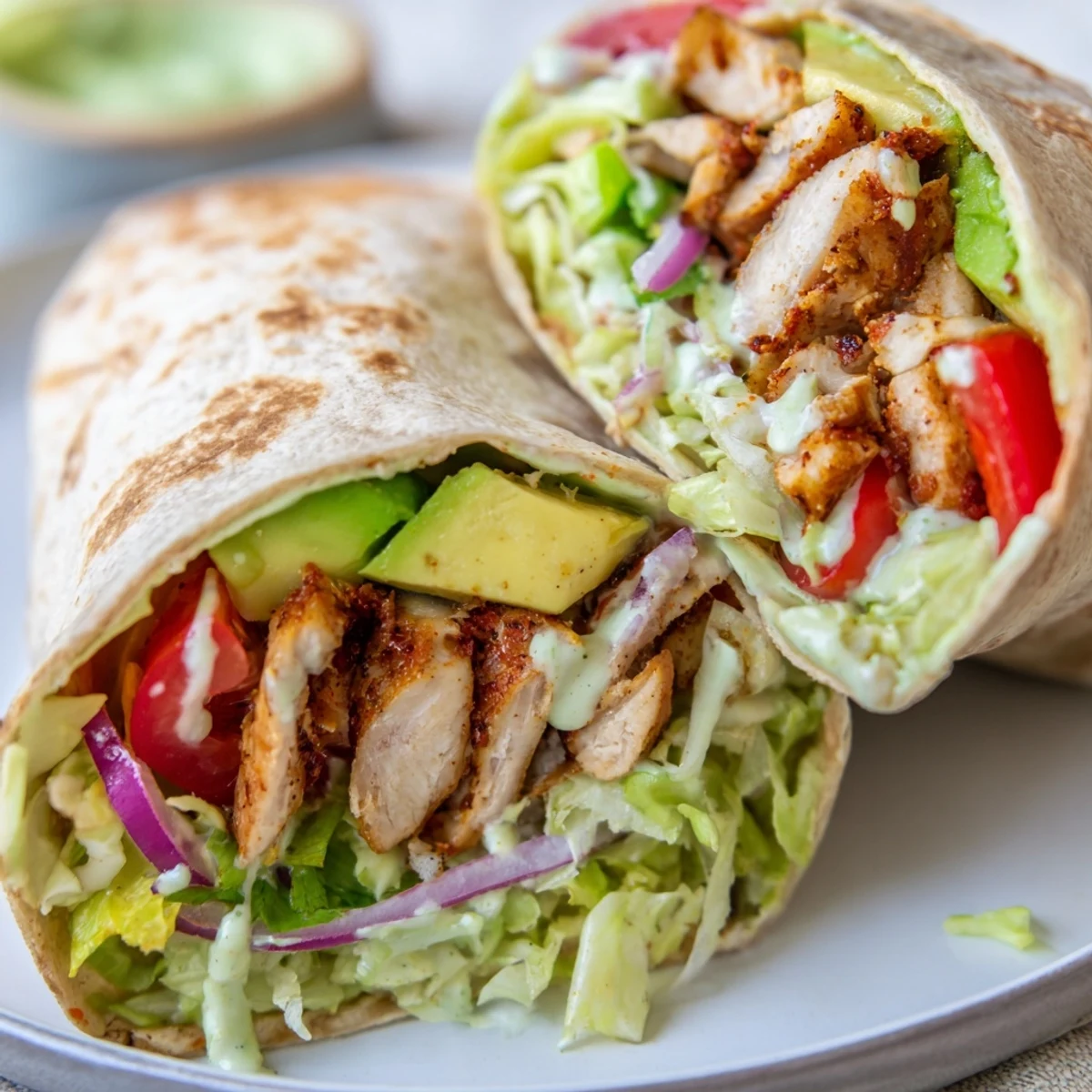 Cross-section of spicy chicken avocado wraps revealing tender spiced meat, green avocado, and colorful vegetables