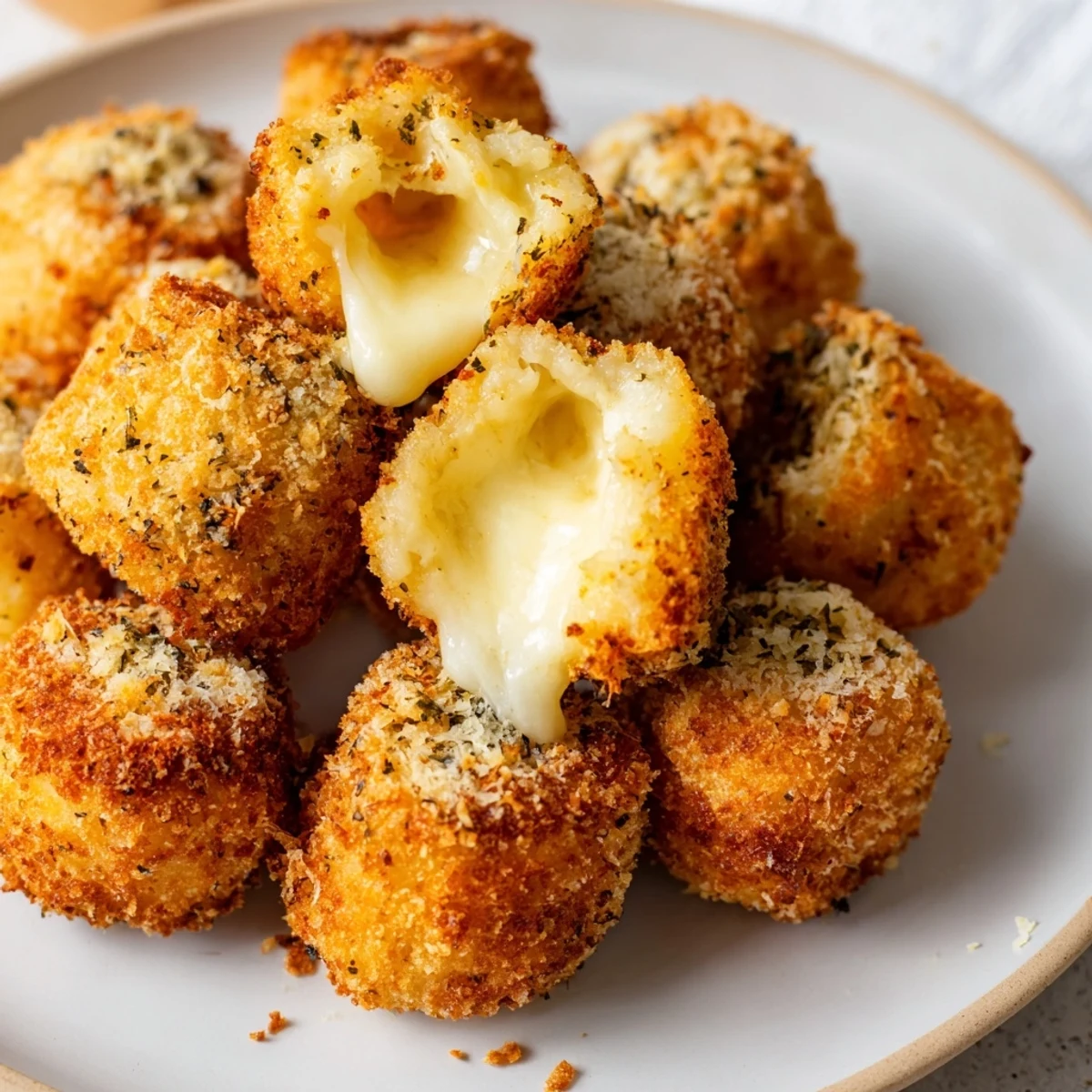 Hot mozzarella cheese balls oozing melted cheese alongside marinara sauce for dipping