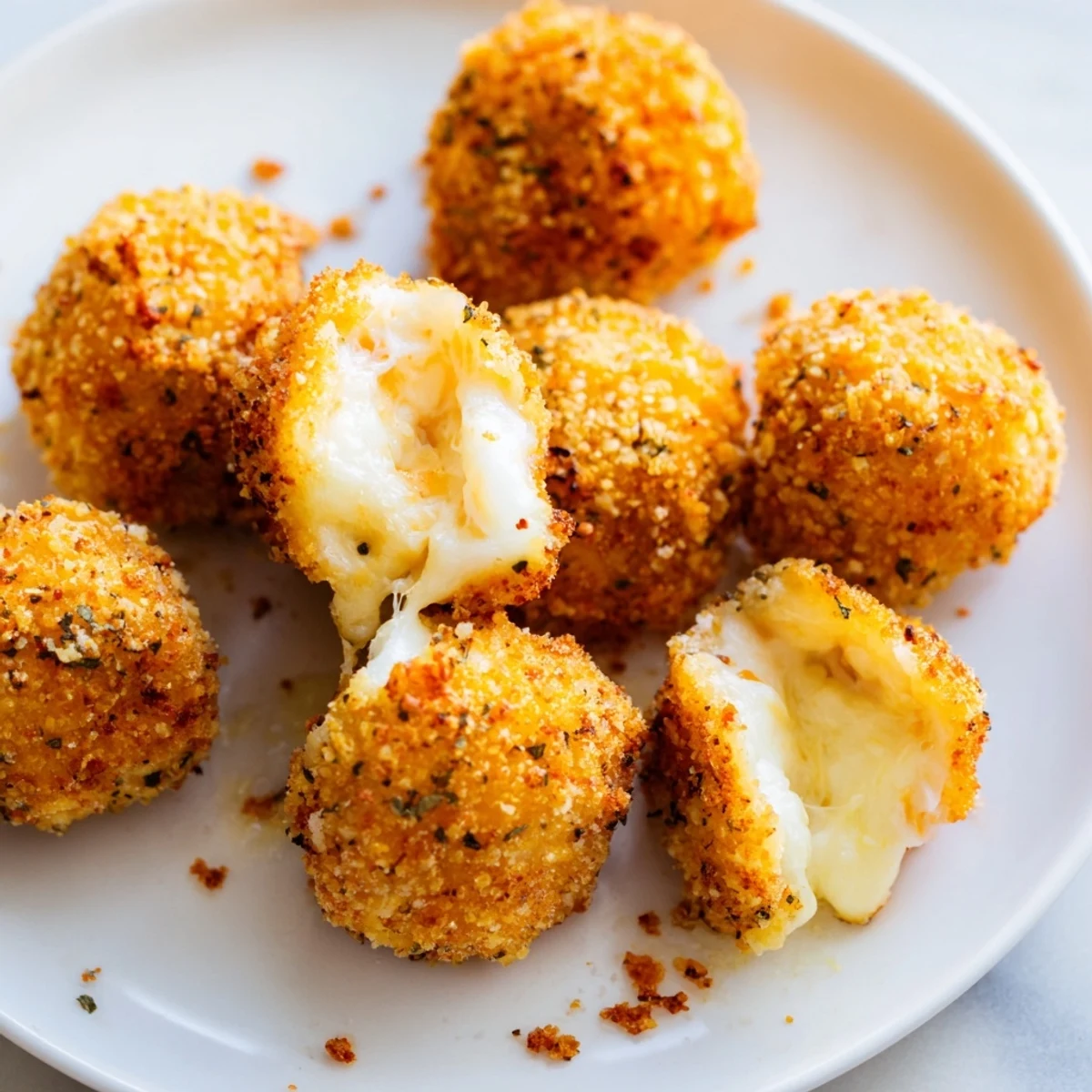 Golden fried mozzarella cheese balls with crunchy panko crust served on white plate