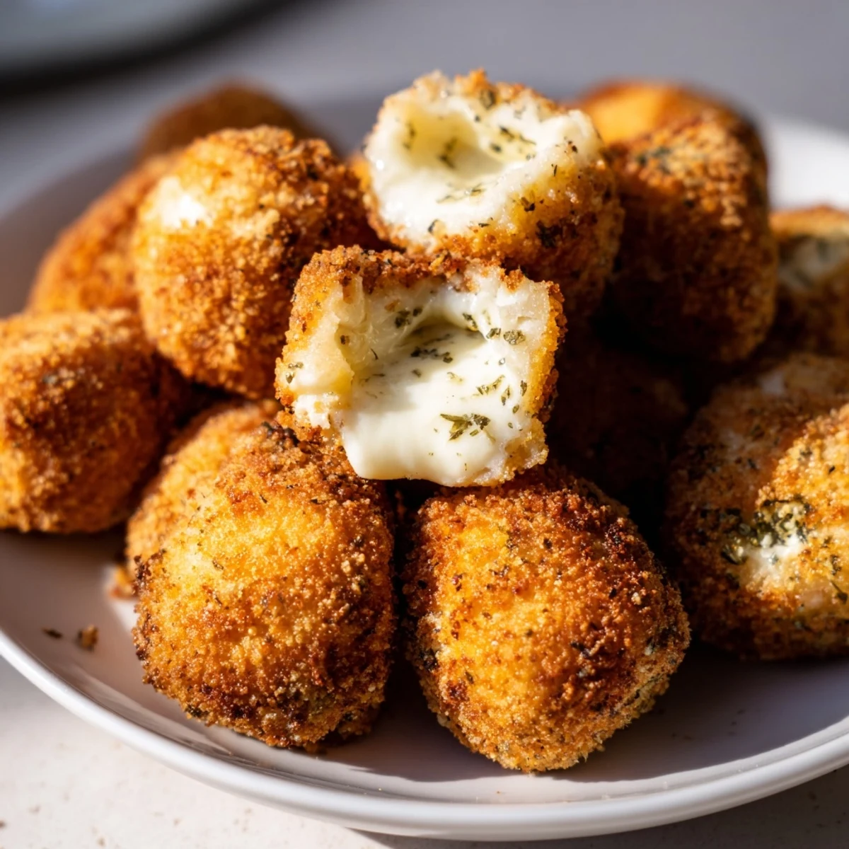 Crispy breadcrumb-coated mozzarella cheese balls arranged on platter ready for party appetizers