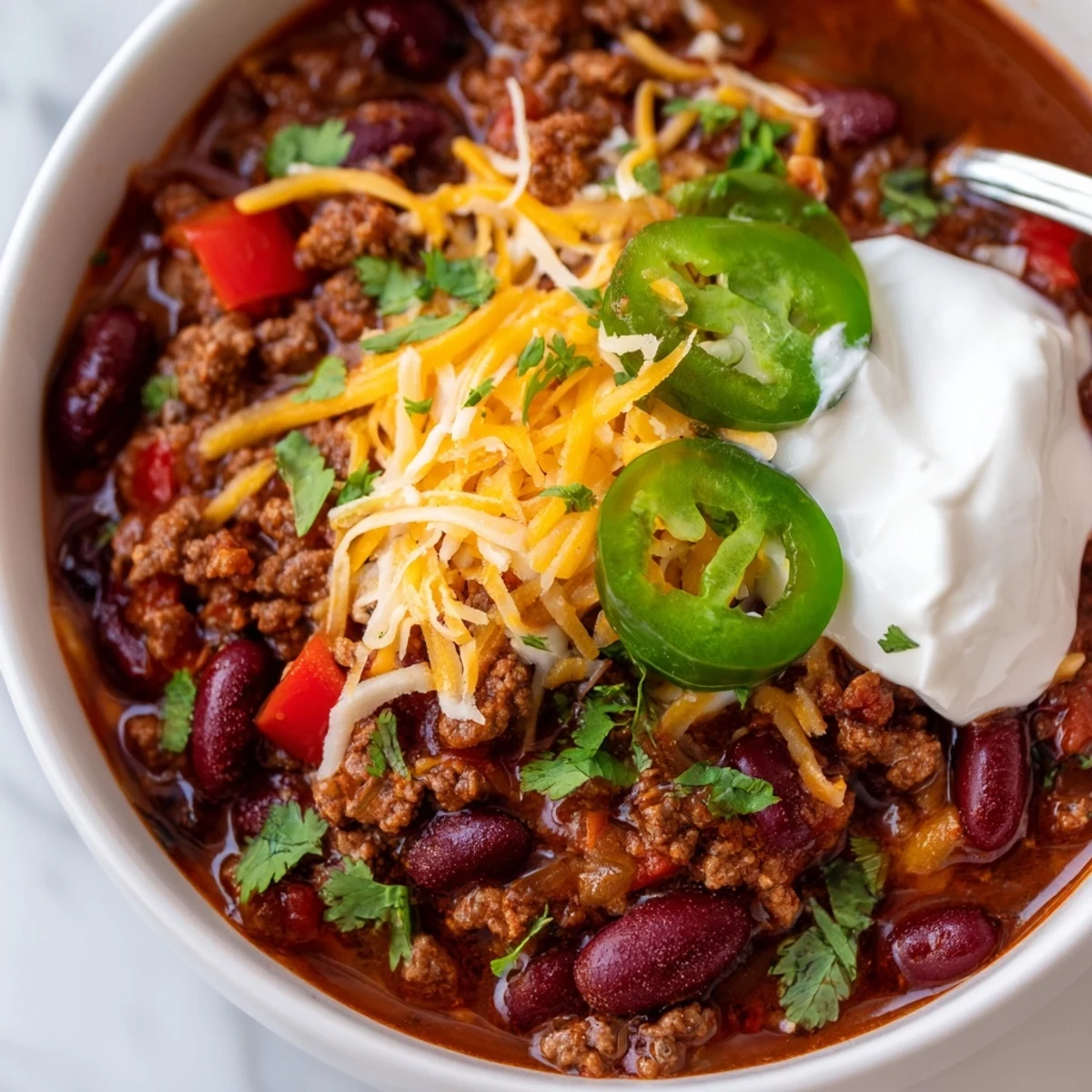 Steaming bowl of hearty chili con carne topped with melted cheddar cheese and fresh cilantro