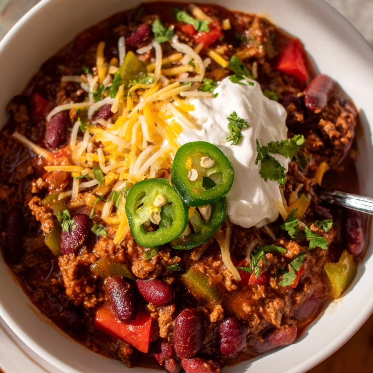 Rustic chili con carne simmering in a cast iron pot with vibrant red kidney beans