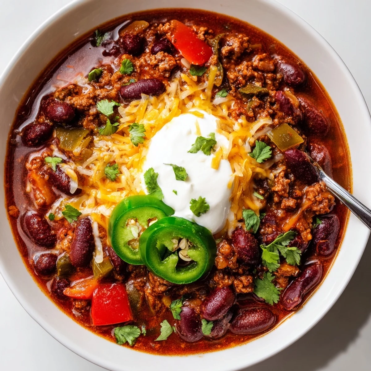 Spoonful of rich, spiced chili con carne garnished with sour cream and sliced jalapeños