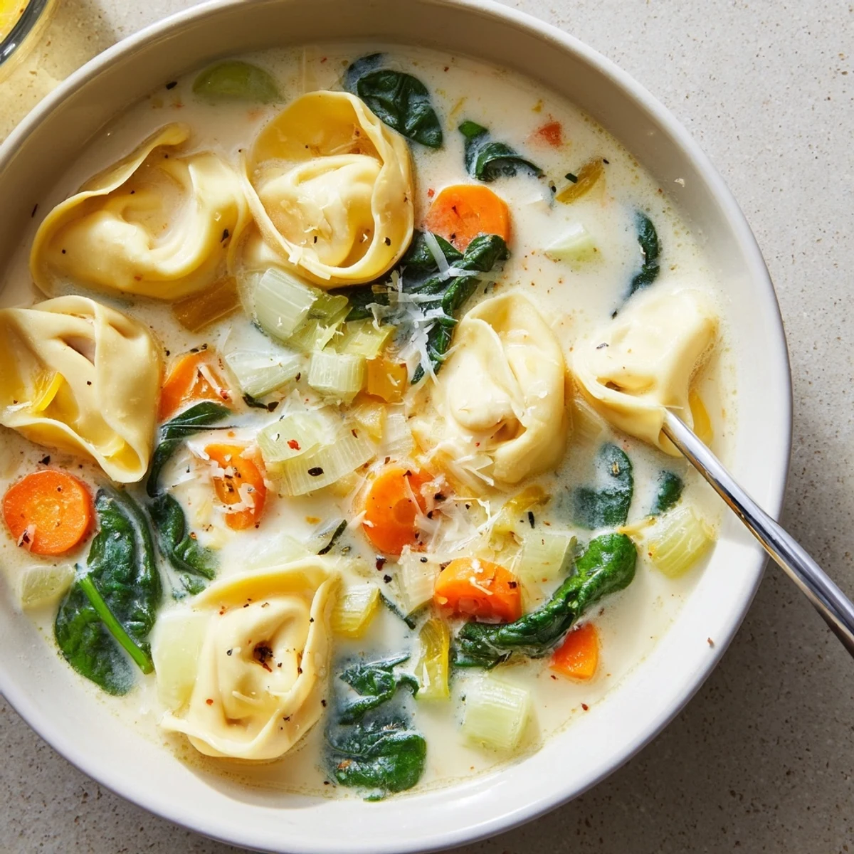 Creamy Instant Pot tortellini soup with cheese pasta, colorful vegetables, and wilted spinach in a rich broth