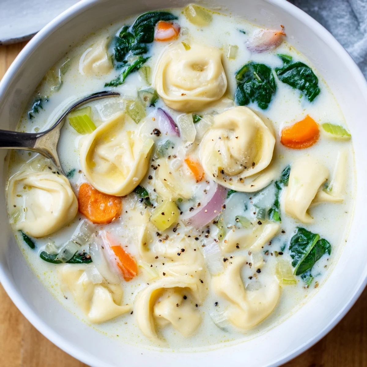 Steaming bowl of Italian-American tortellini soup topped with grated Parmesan and fresh baby spinach