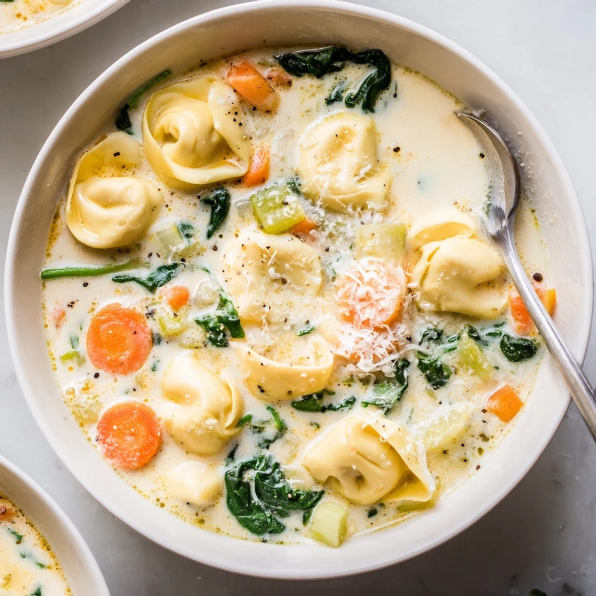Golden cheese tortellini floating in a creamy vegetable broth served in a white bowl