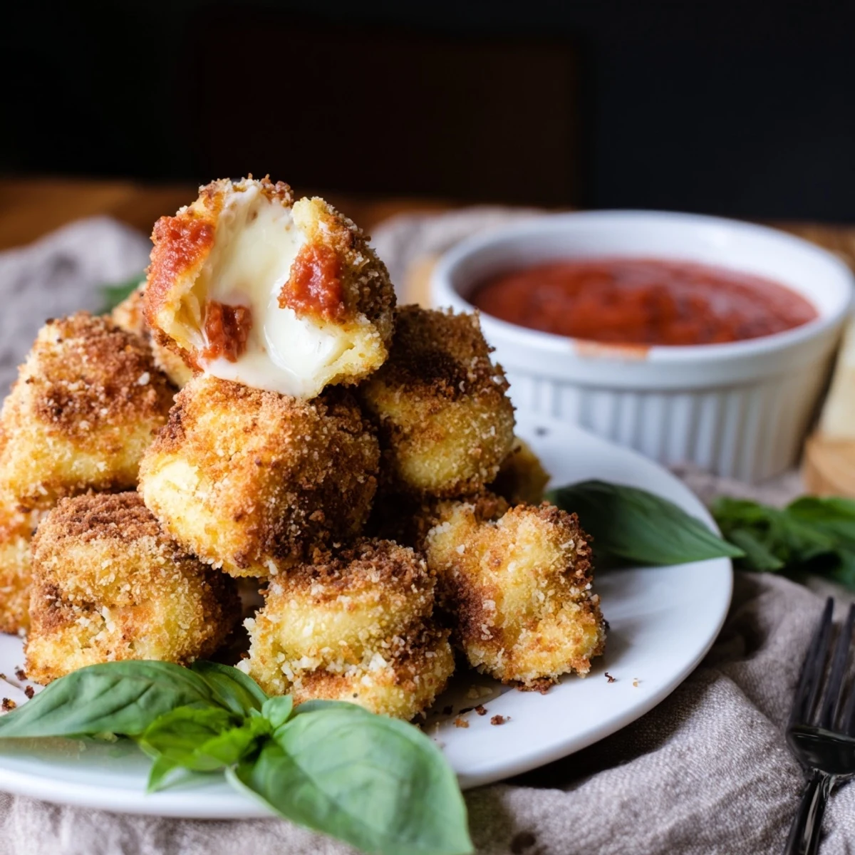 Golden air fryer tortellini with crispy Parmesan panko coating served alongside warm marinara sauce for dipping